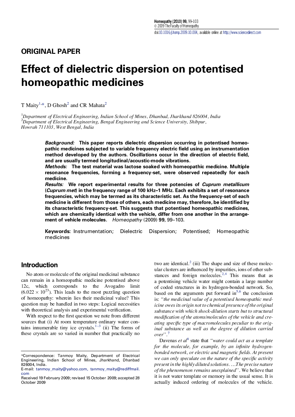 Effect of dielectric dispersion on potentised homeopathic medicines