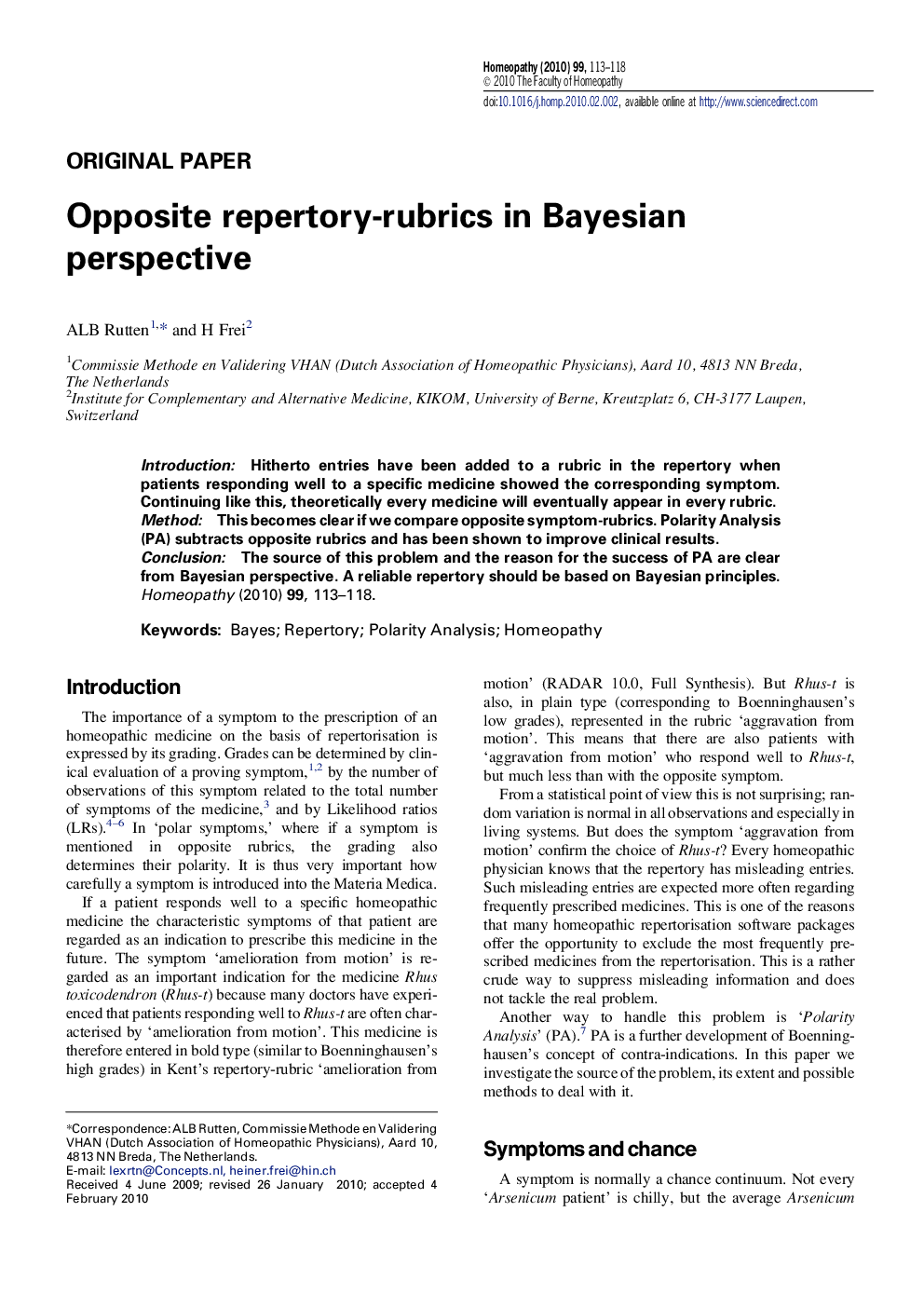 Opposite repertory-rubrics in Bayesian perspective