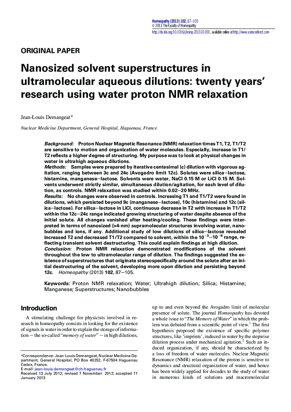 Nanosized solvent superstructures in ultramolecular aqueous dilutions: twenty years' research using water proton NMR relaxation