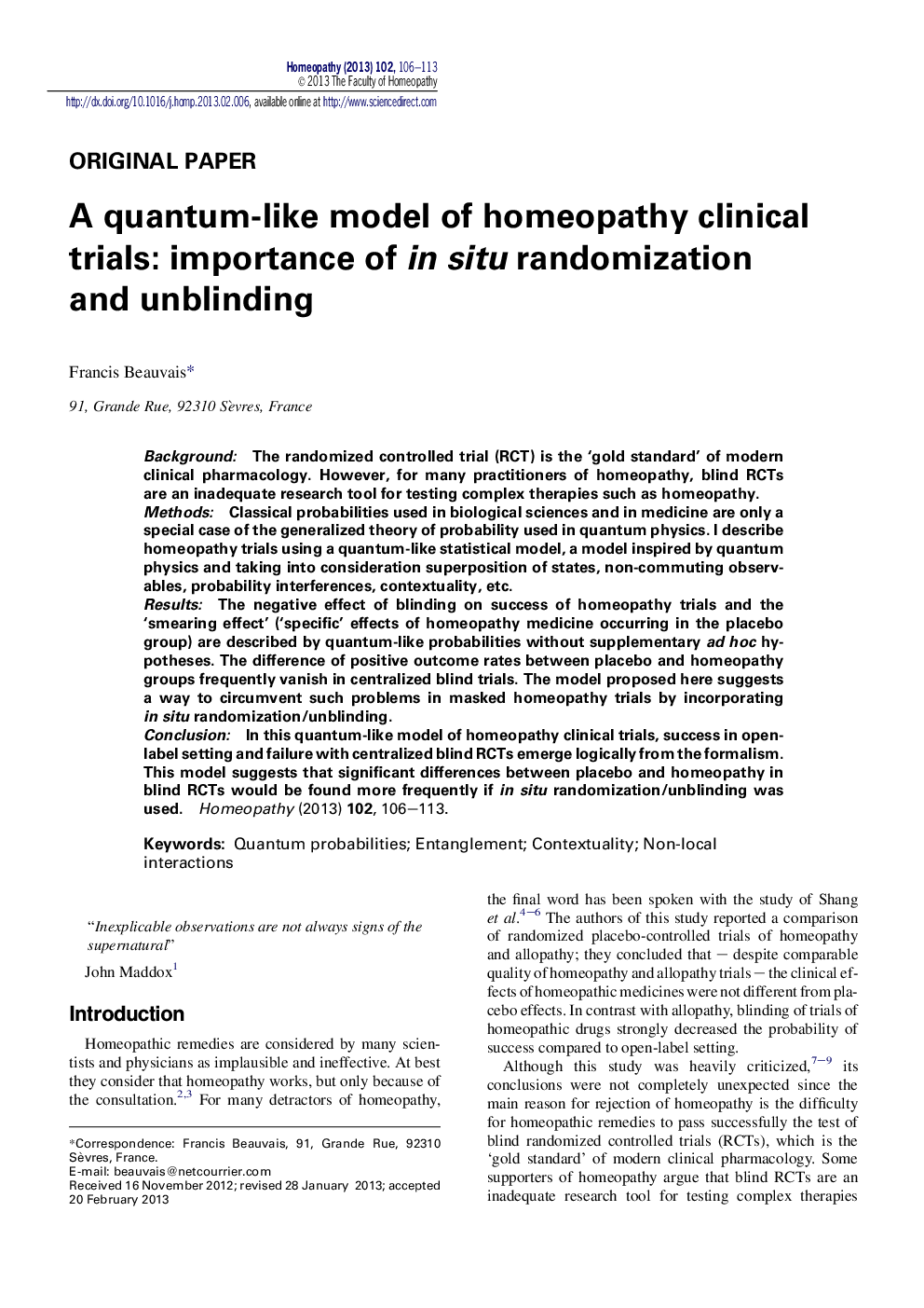 A quantum-like model of homeopathy clinical trials: importance of in situ randomization and unblinding