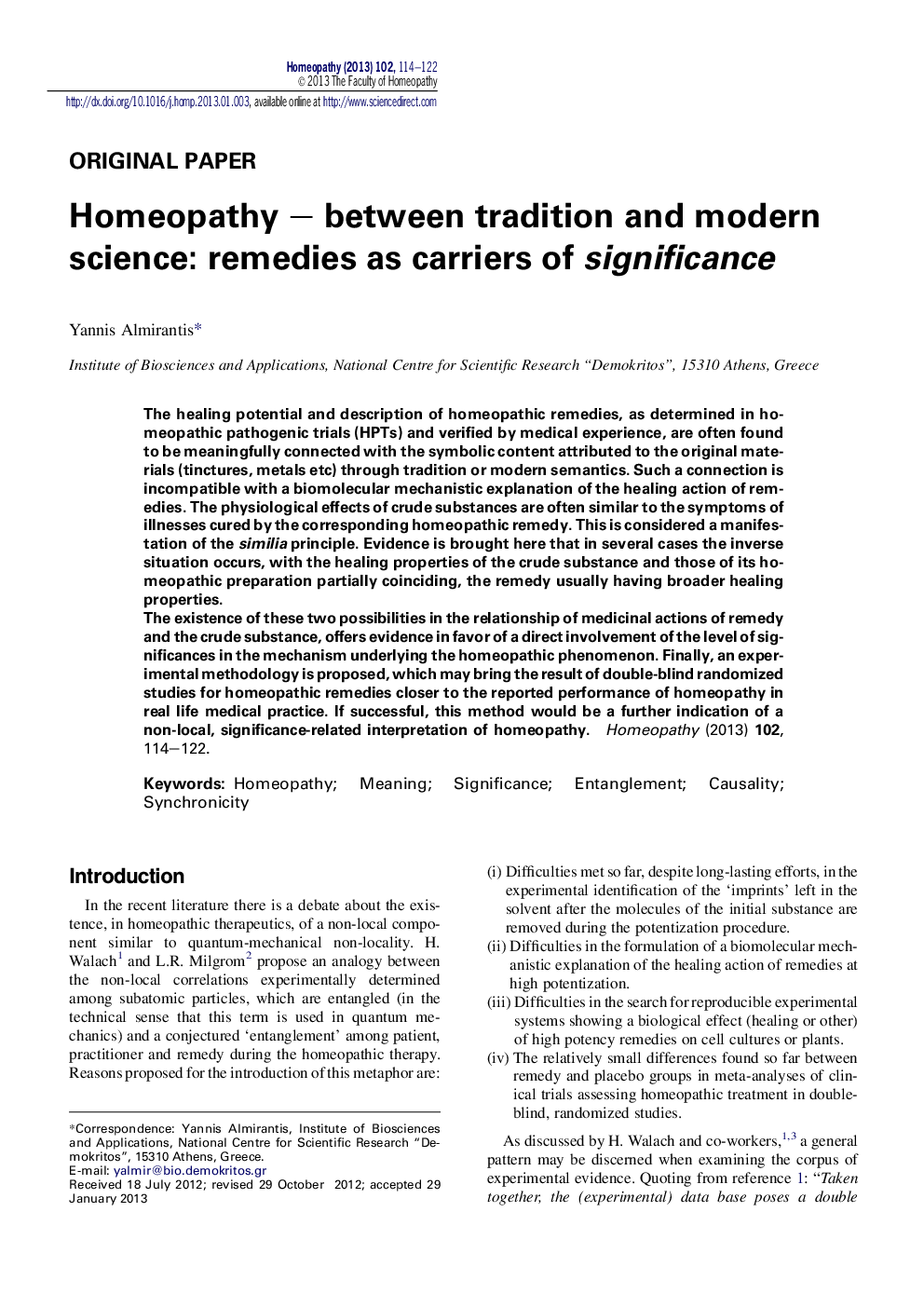 Homeopathy – between tradition and modern science: remedies as carriers of significance