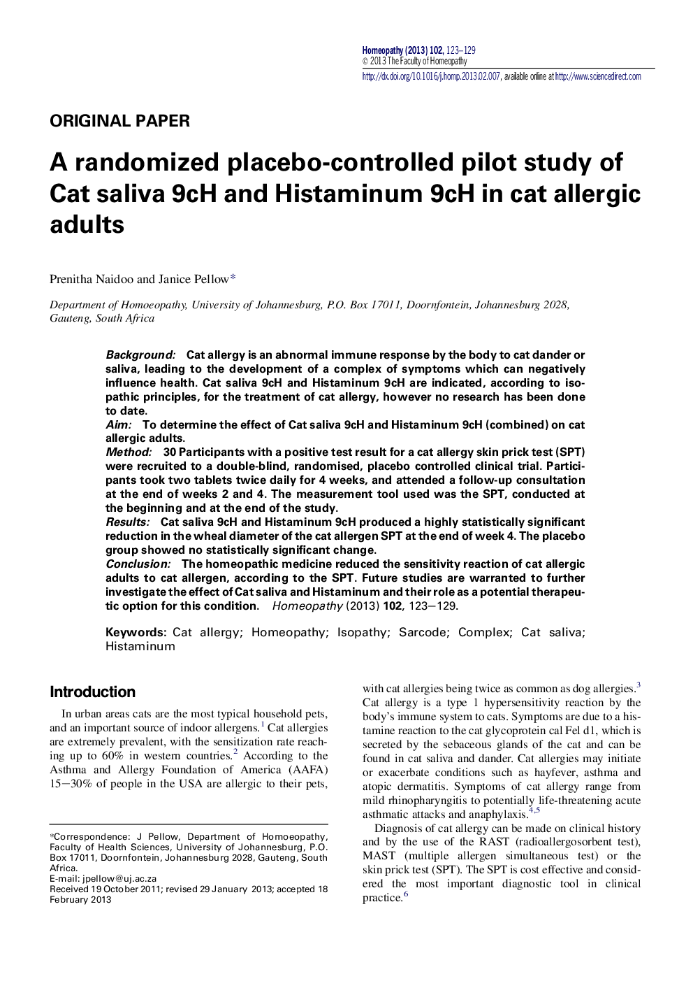 A randomized placebo-controlled pilot study of Cat saliva 9cH and Histaminum 9cH in cat allergic adults