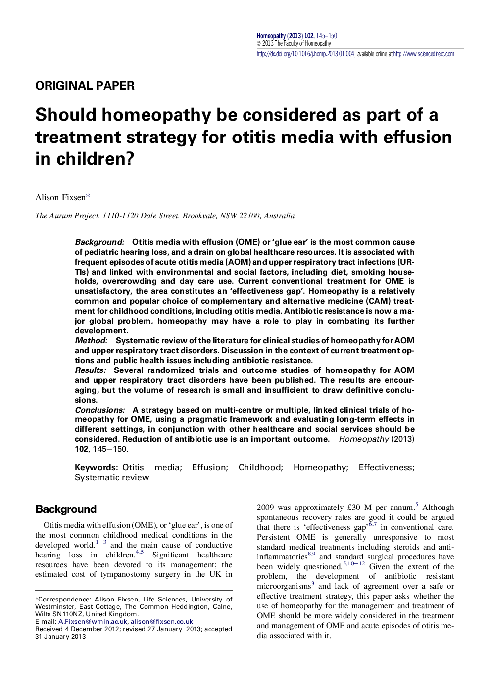 Should homeopathy be considered as part of a treatment strategy for otitis media with effusion in children?