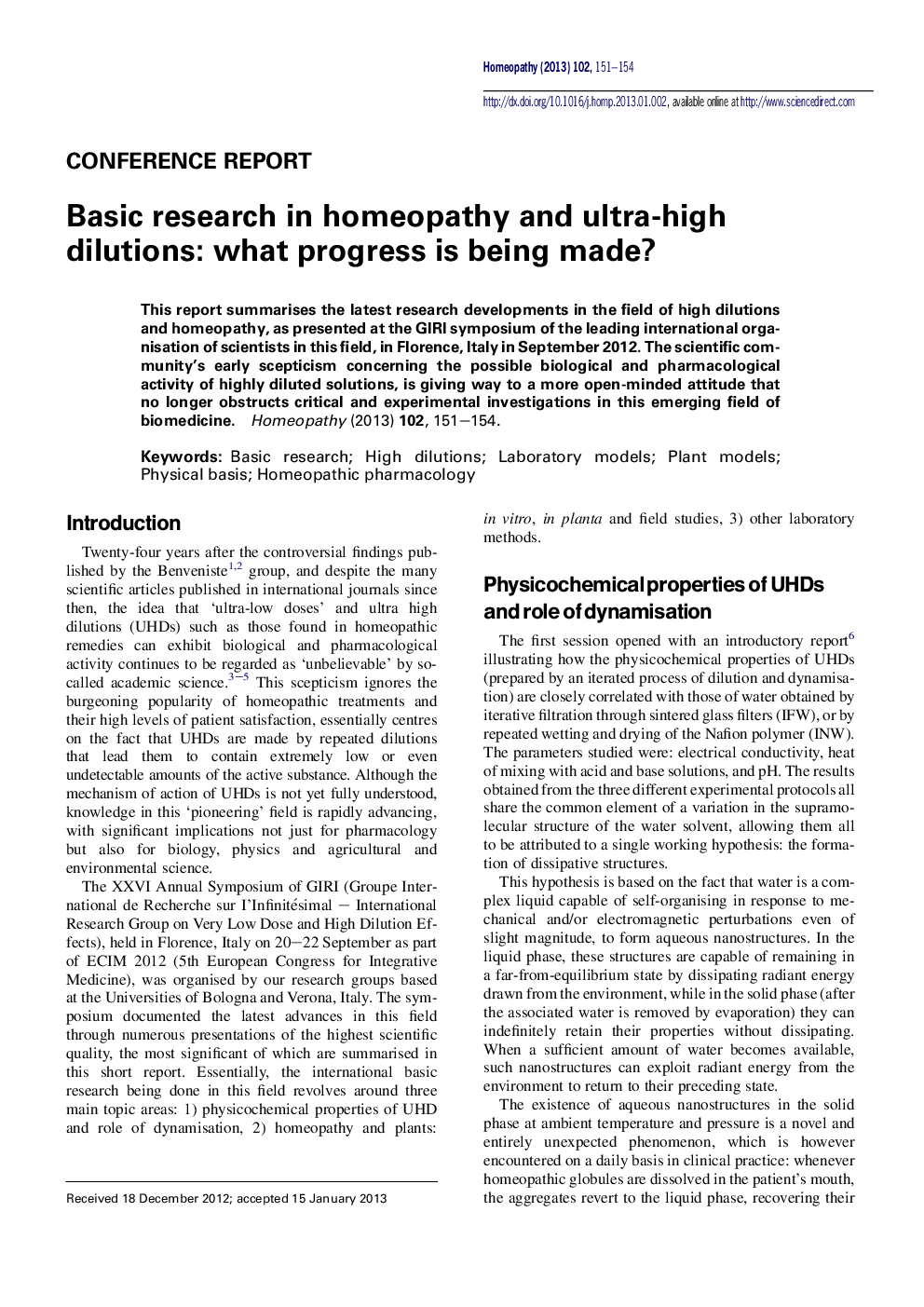 Basic research in homeopathy and ultra-high dilutions: what progress is being made?