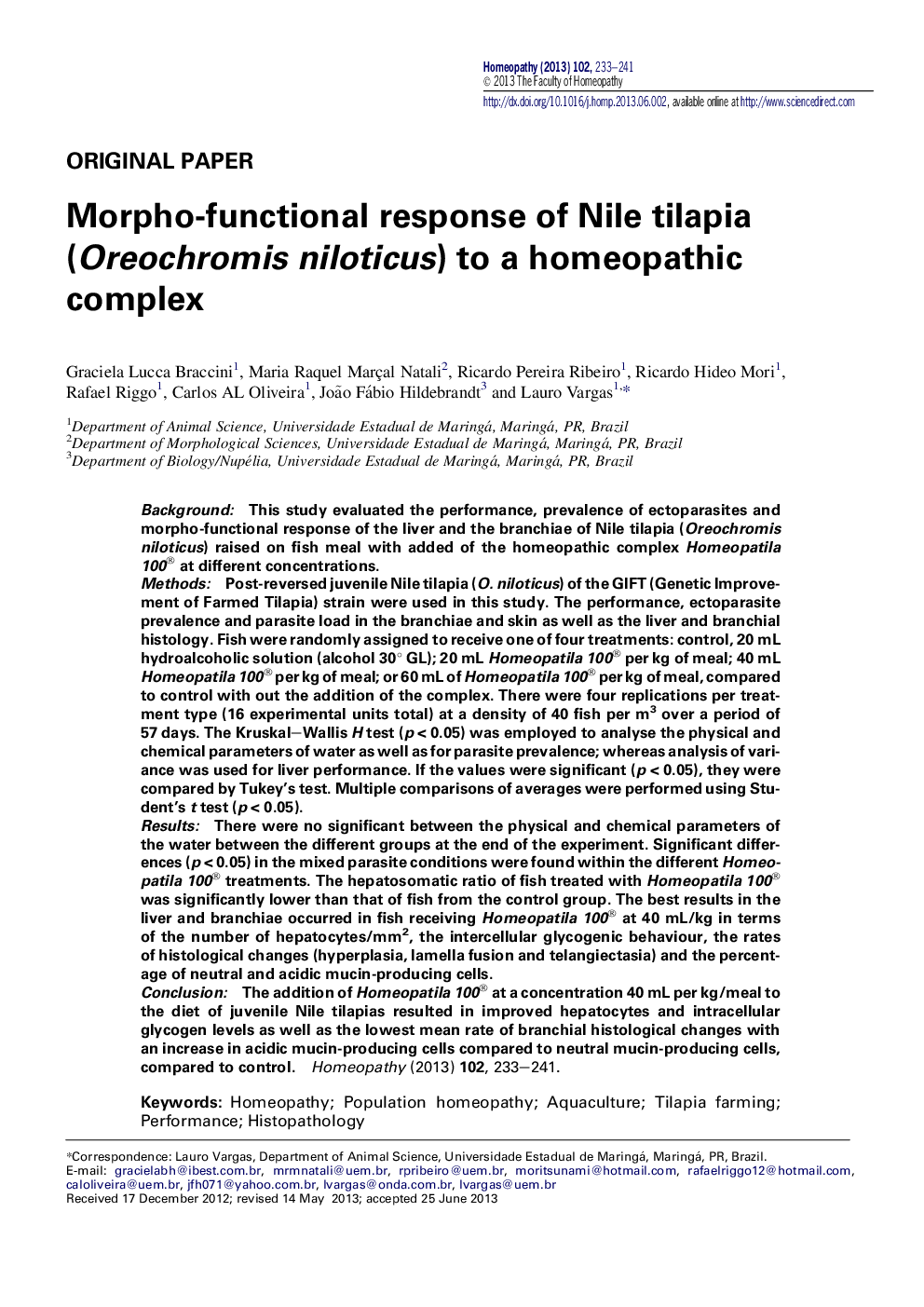 Morpho-functional response of Nile tilapia (Oreochromis niloticus) to a homeopathic complex