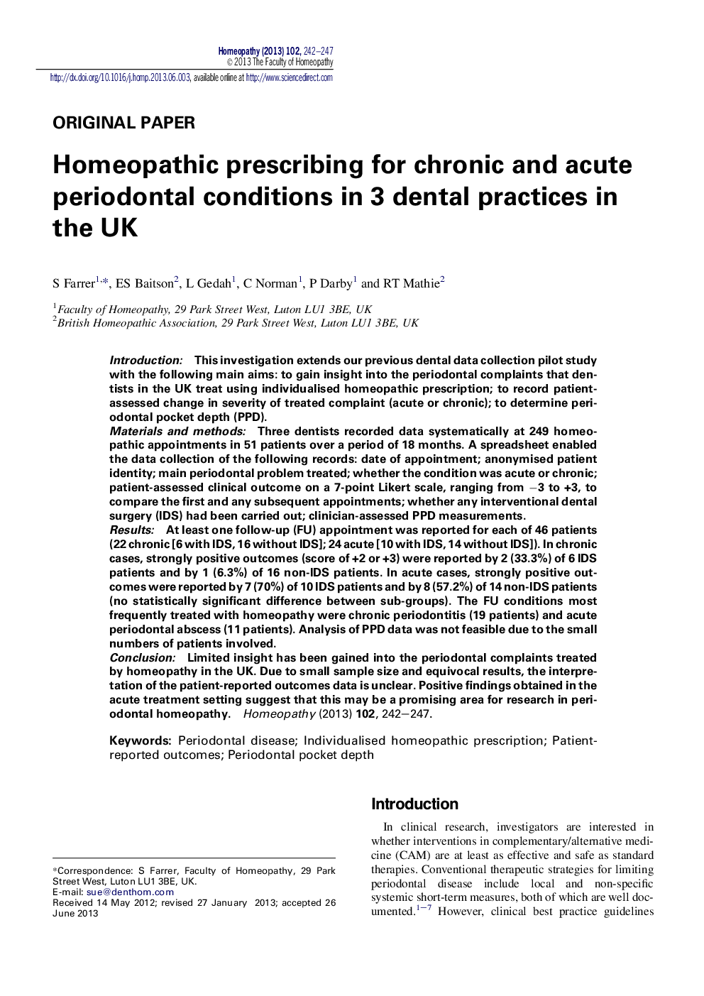 Homeopathic prescribing for chronic and acute periodontal conditions in 3 dental practices in the UK