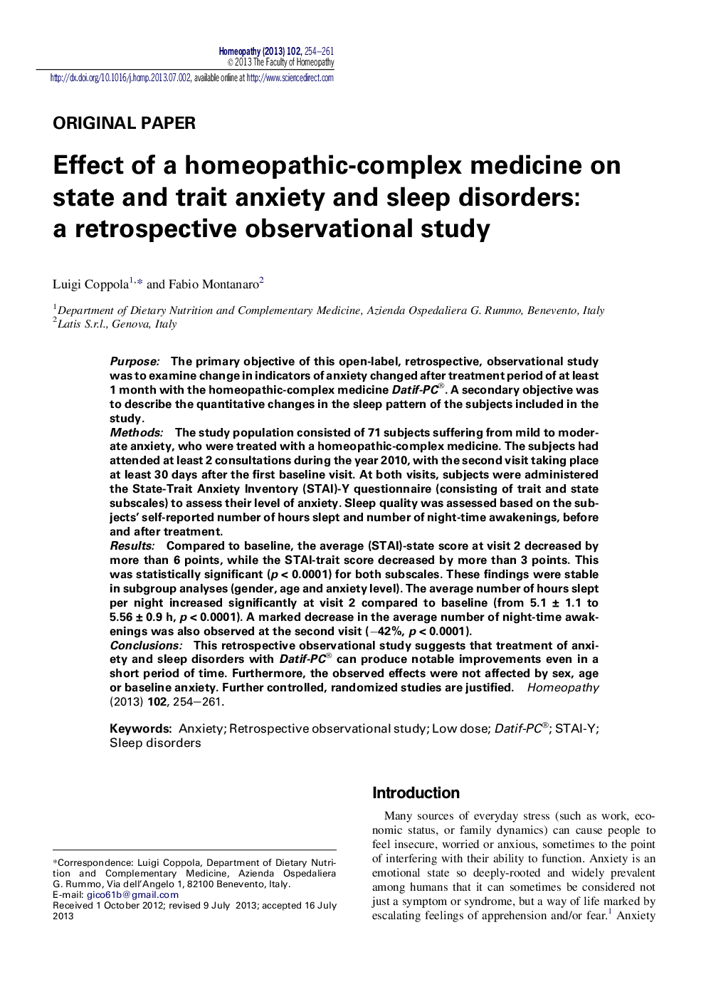 Effect of a homeopathic-complex medicine on state and trait anxiety and sleep disorders: a retrospective observational study