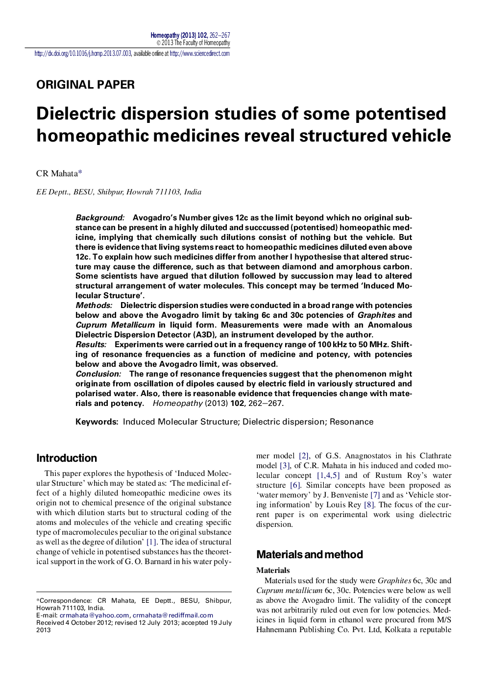 Dielectric dispersion studies of some potentised homeopathic medicines reveal structured vehicle