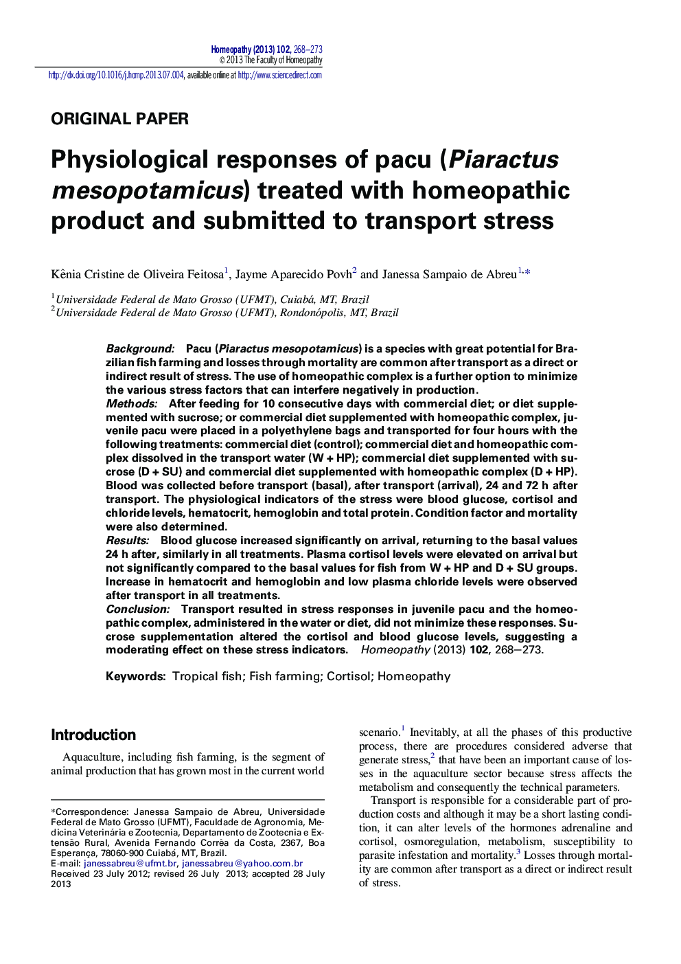 Physiological responses of pacu (Piaractus mesopotamicus) treated with homeopathic product and submitted to transport stress
