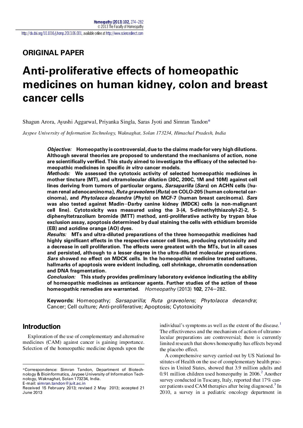 Anti-proliferative effects of homeopathic medicines on human kidney, colon and breast cancer cells