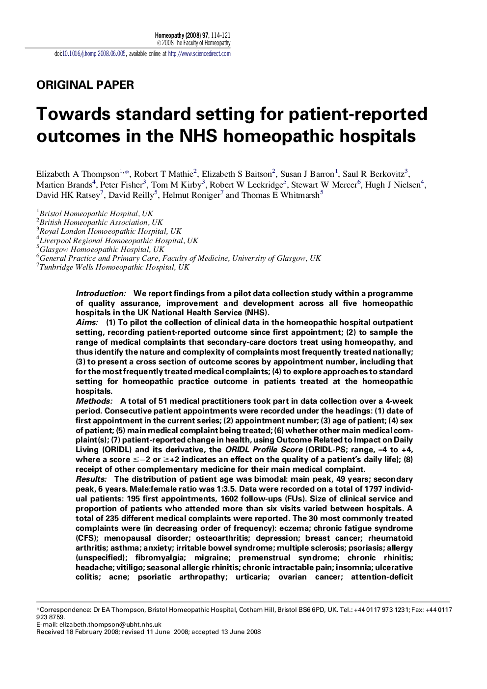 Towards standard setting for patient-reported outcomes in the NHS homeopathic hospitals