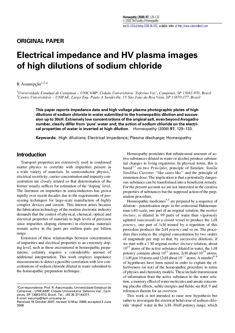 Electrical impedance and HV plasma images of high dilutions of sodium chloride