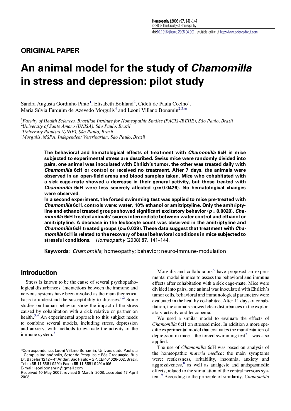 An animal model for the study of Chamomilla in stress and depression: pilot study