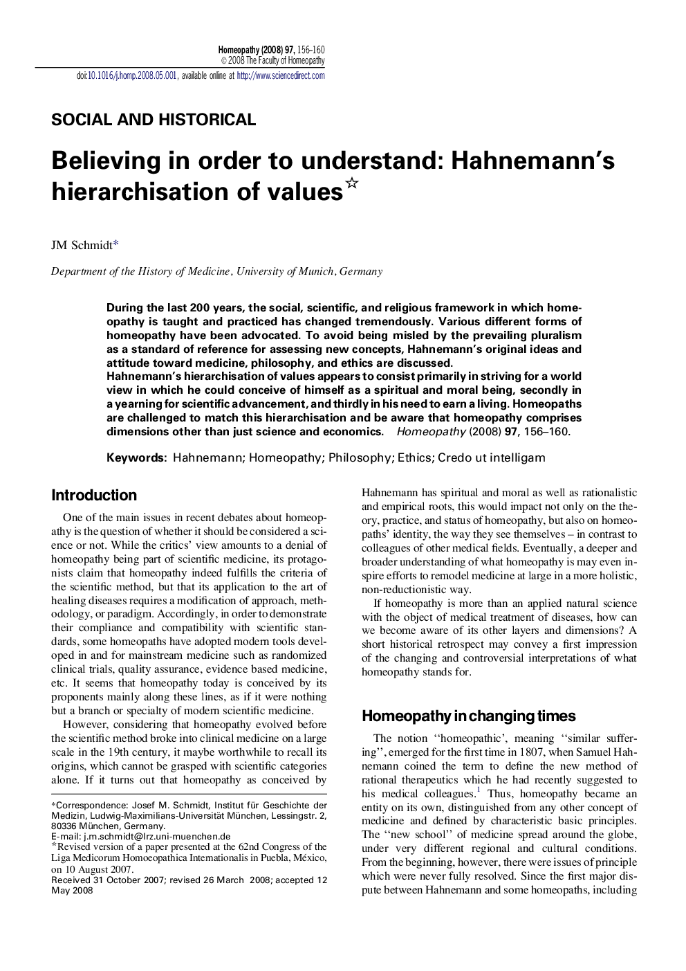 Believing in order to understand: Hahnemann's hierarchisation of values 