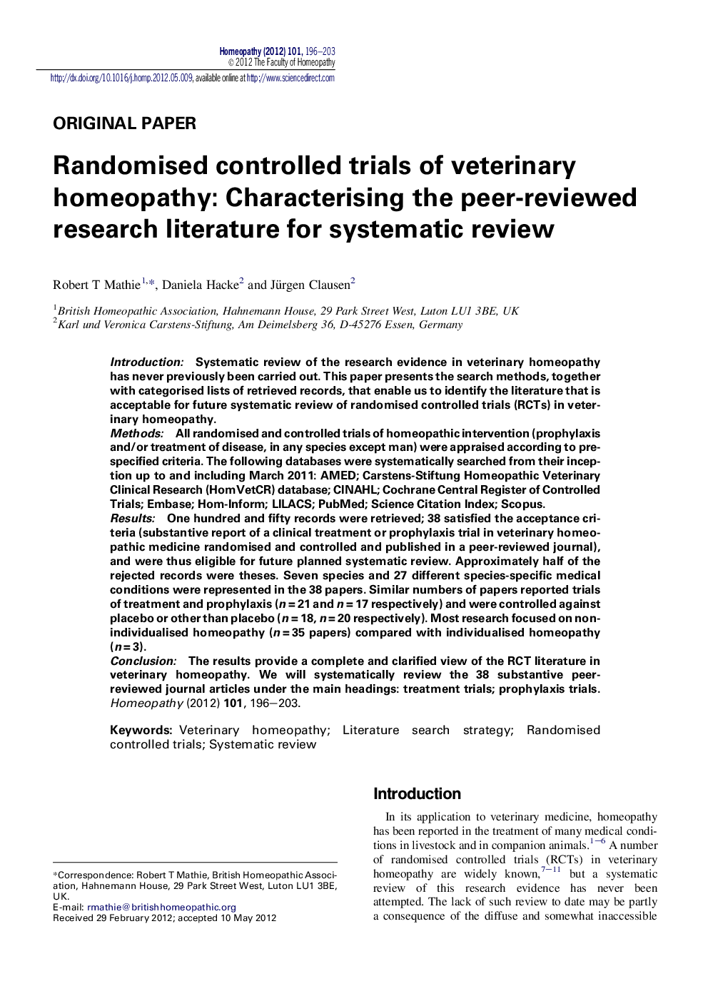 Randomised controlled trials of veterinary homeopathy: Characterising the peer-reviewed research literature for systematic review