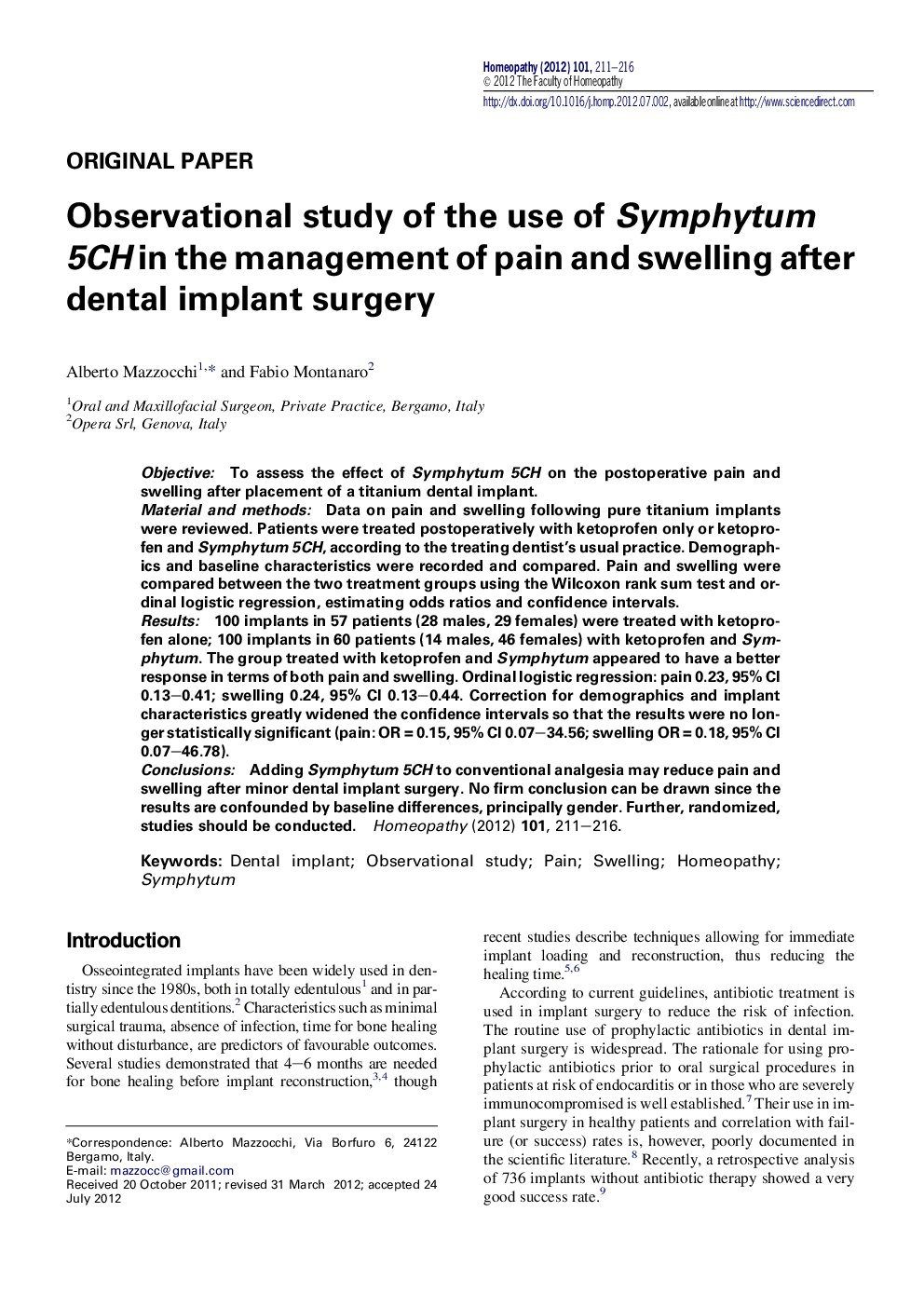 Observational study of the use of Symphytum 5CH in the management of pain and swelling after dental implant surgery