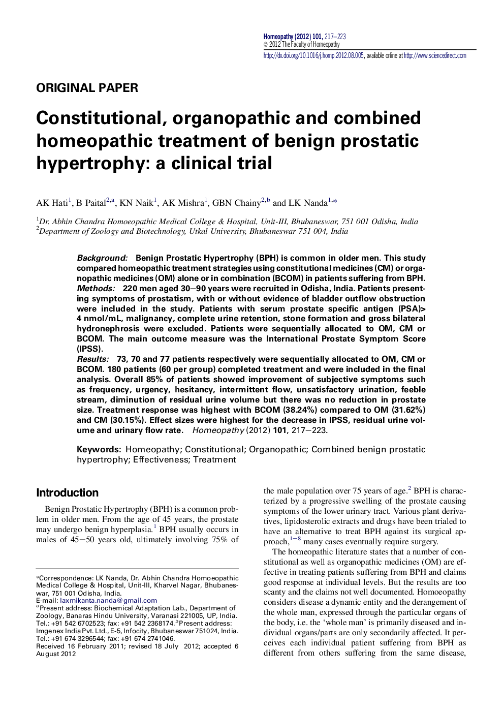 Constitutional, organopathic and combined homeopathic treatment of benign prostatic hypertrophy: a clinical trial