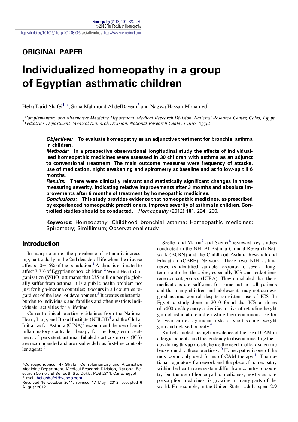 Individualized homeopathy in a group of Egyptian asthmatic children