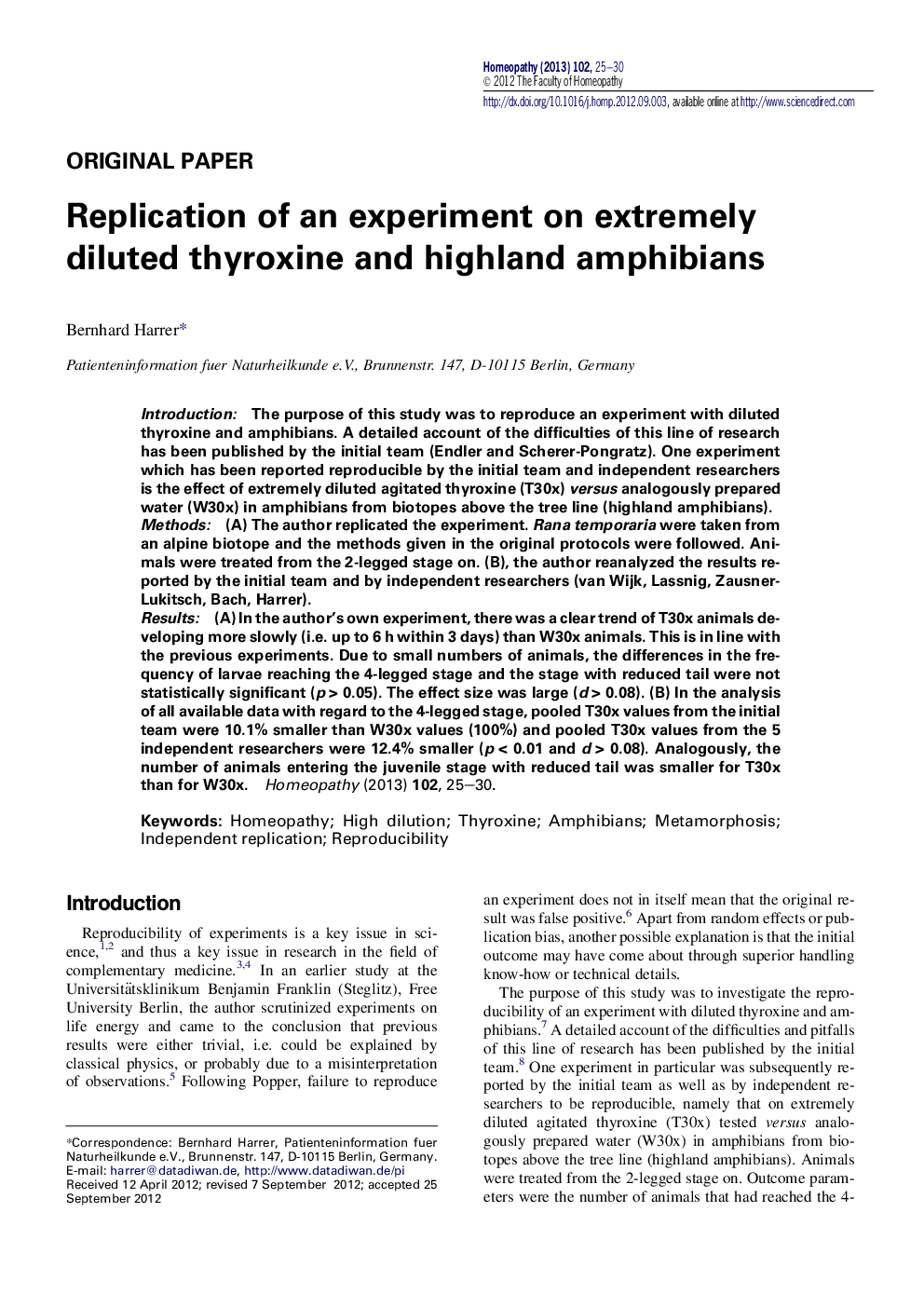 Replication of an experiment on extremely diluted thyroxine and highland amphibians