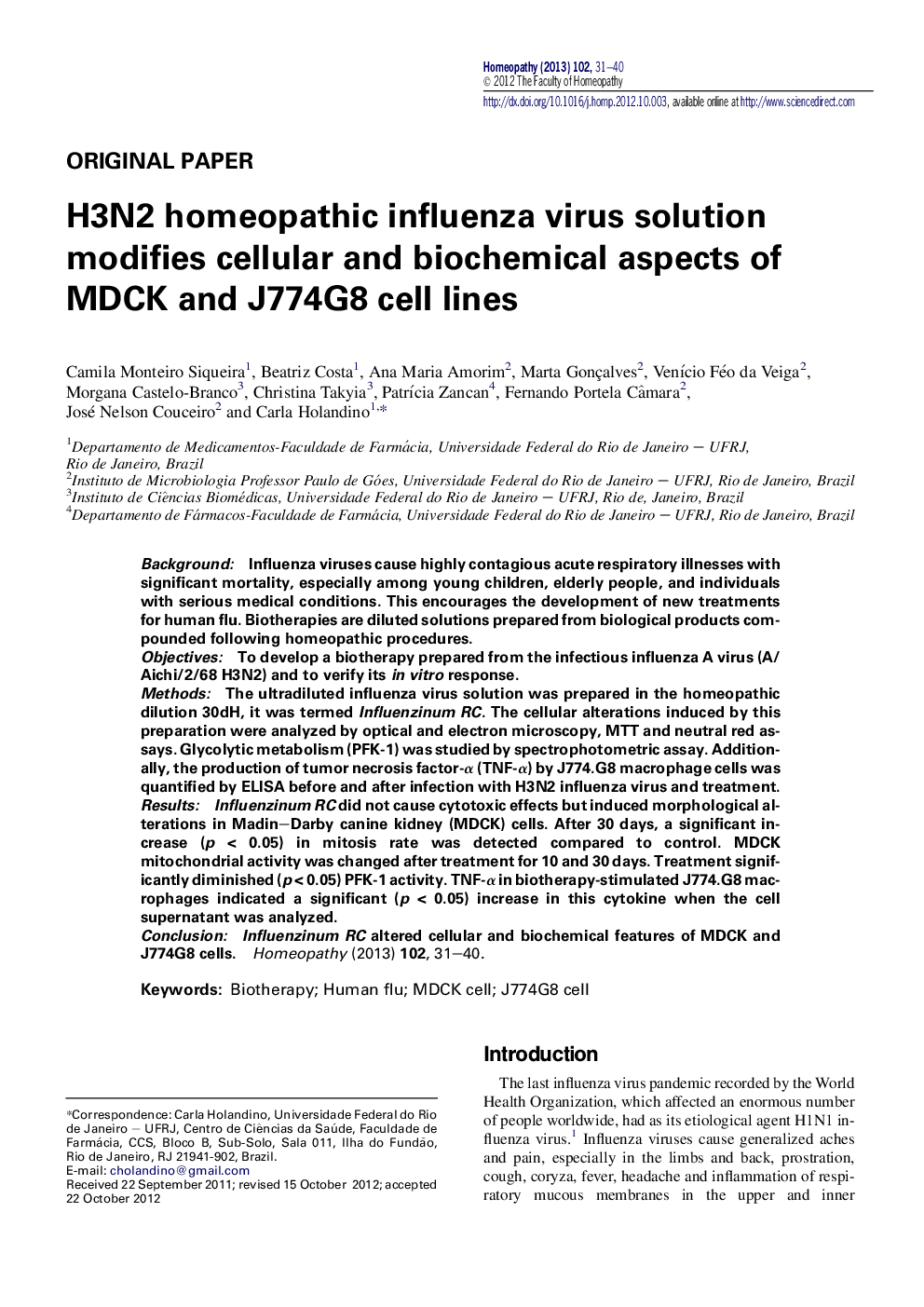 H3N2 homeopathic influenza virus solution modifies cellular and biochemical aspects of MDCK and J774G8 cell lines