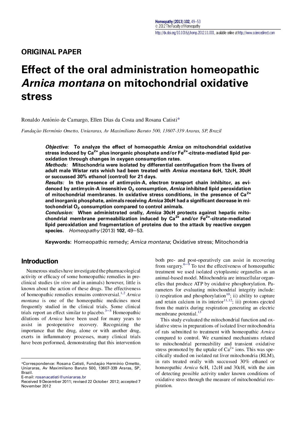 Effect of the oral administration homeopathic Arnica montana on mitochondrial oxidative stress