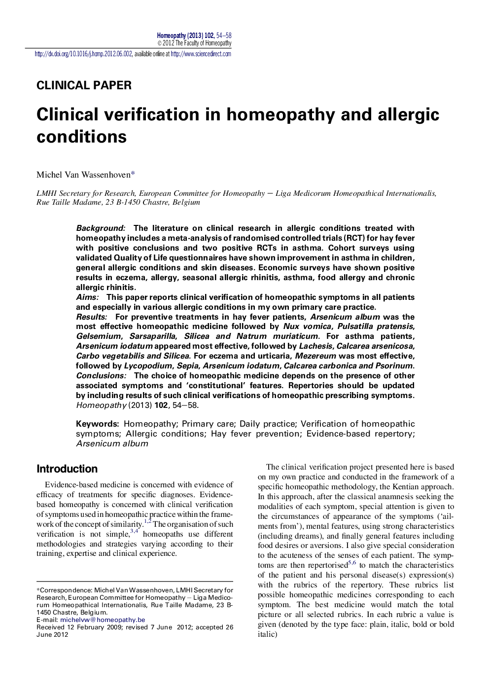 Clinical verification in homeopathy and allergic conditions