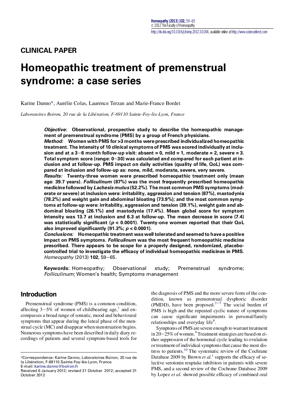 Homeopathic treatment of premenstrual syndrome: a case series