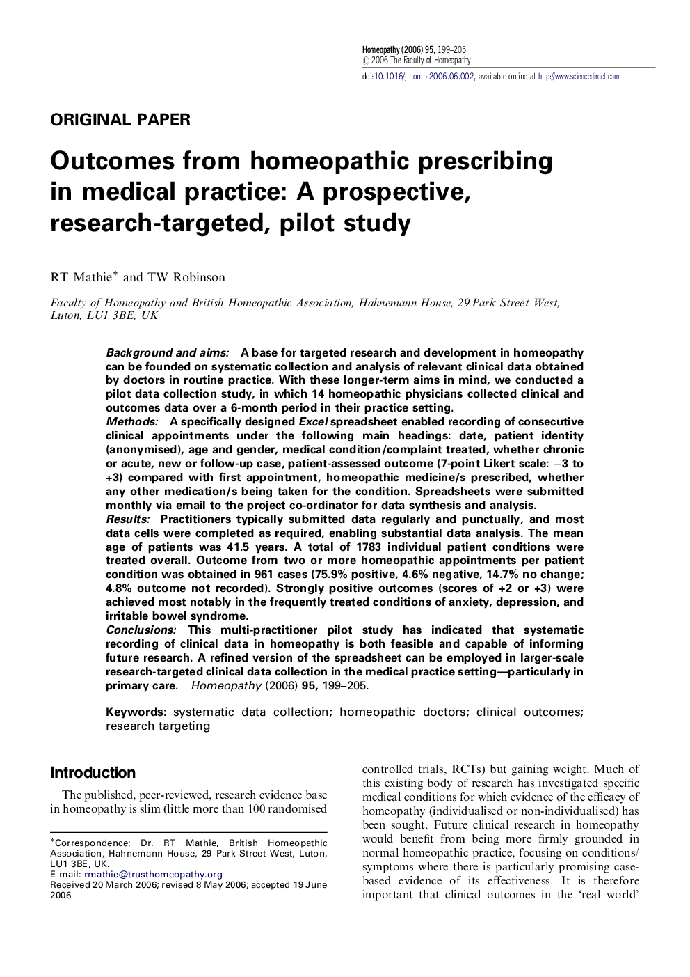 Outcomes from homeopathic prescribing in medical practice: A prospective, research-targeted, pilot study