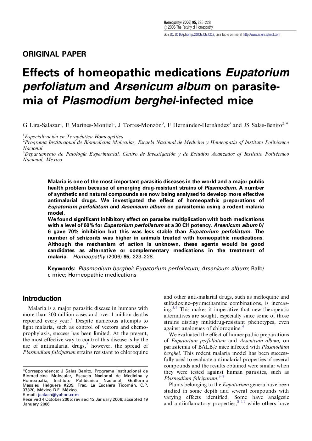 Effects of homeopathic medications Eupatorium perfoliatum and Arsenicum album on parasitemia of Plasmodium berghei-infected mice