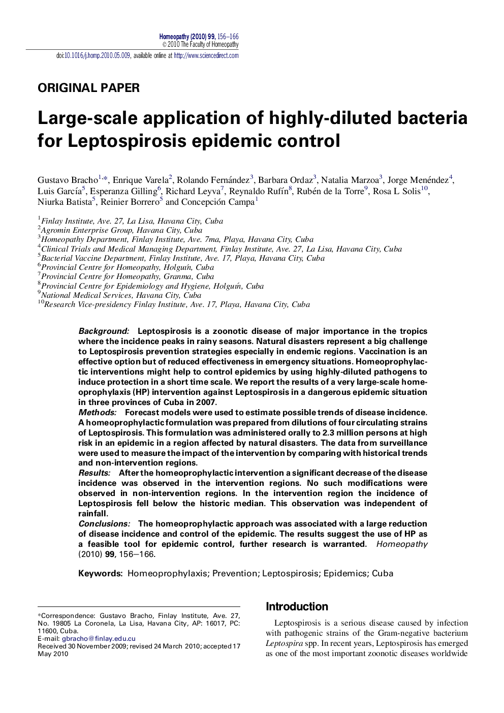 Large-scale application of highly-diluted bacteria for Leptospirosis epidemic control