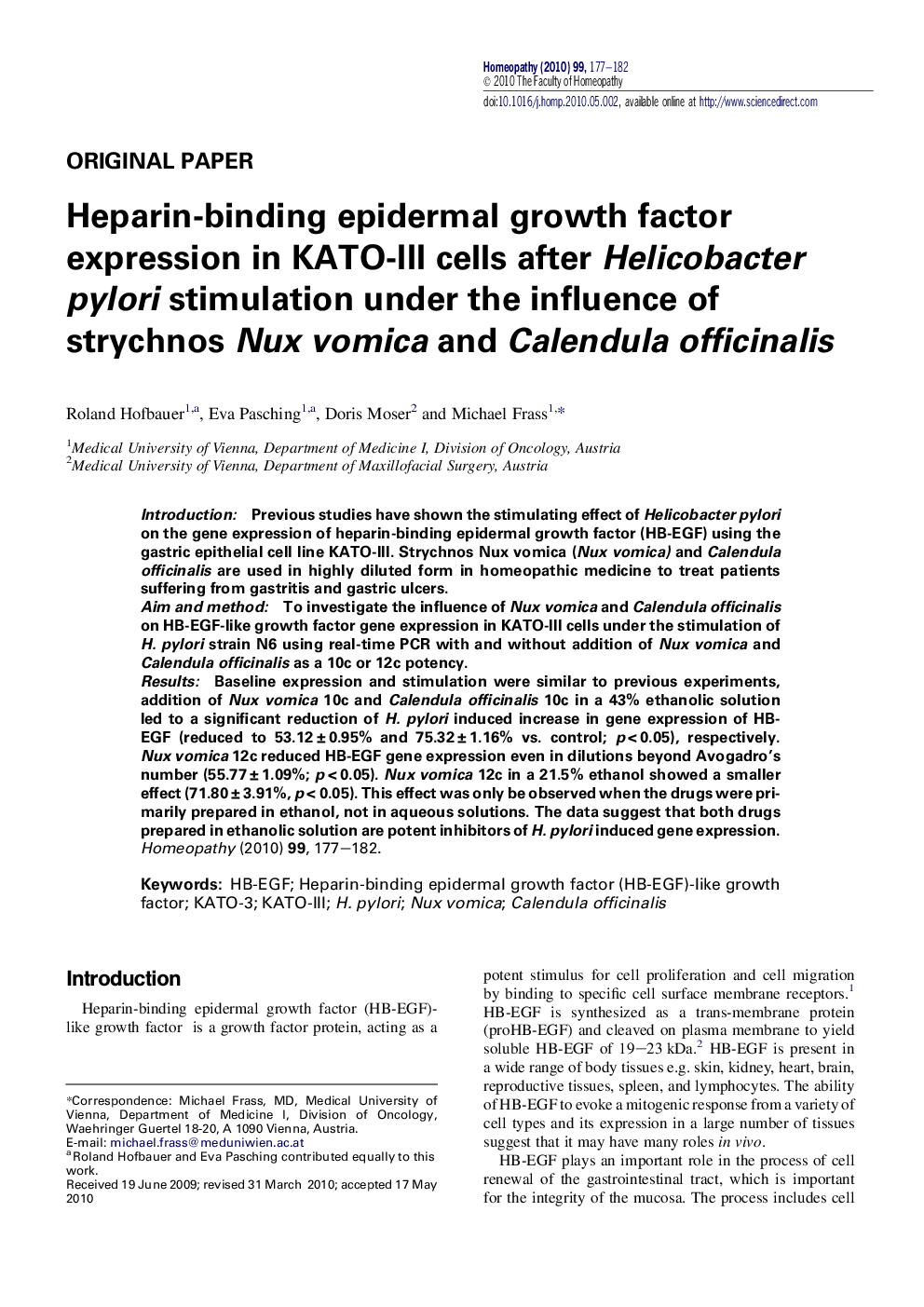 Heparin-binding epidermal growth factor expression in KATO-III cells after Helicobacter pylori stimulation under the influence of strychnos Nux vomica and Calendula officinalis