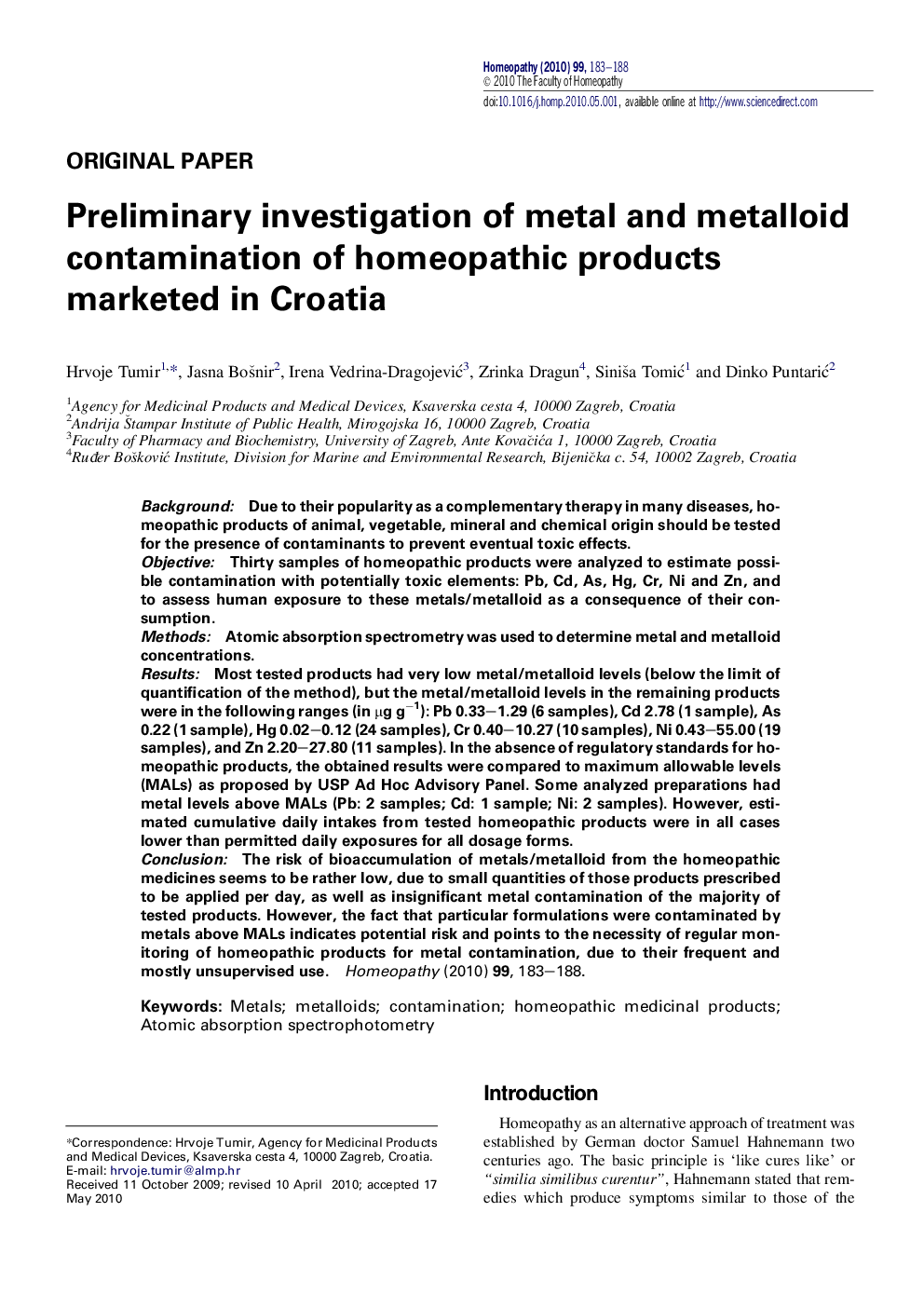 Preliminary investigation of metal and metalloid contamination of homeopathic products marketed in Croatia