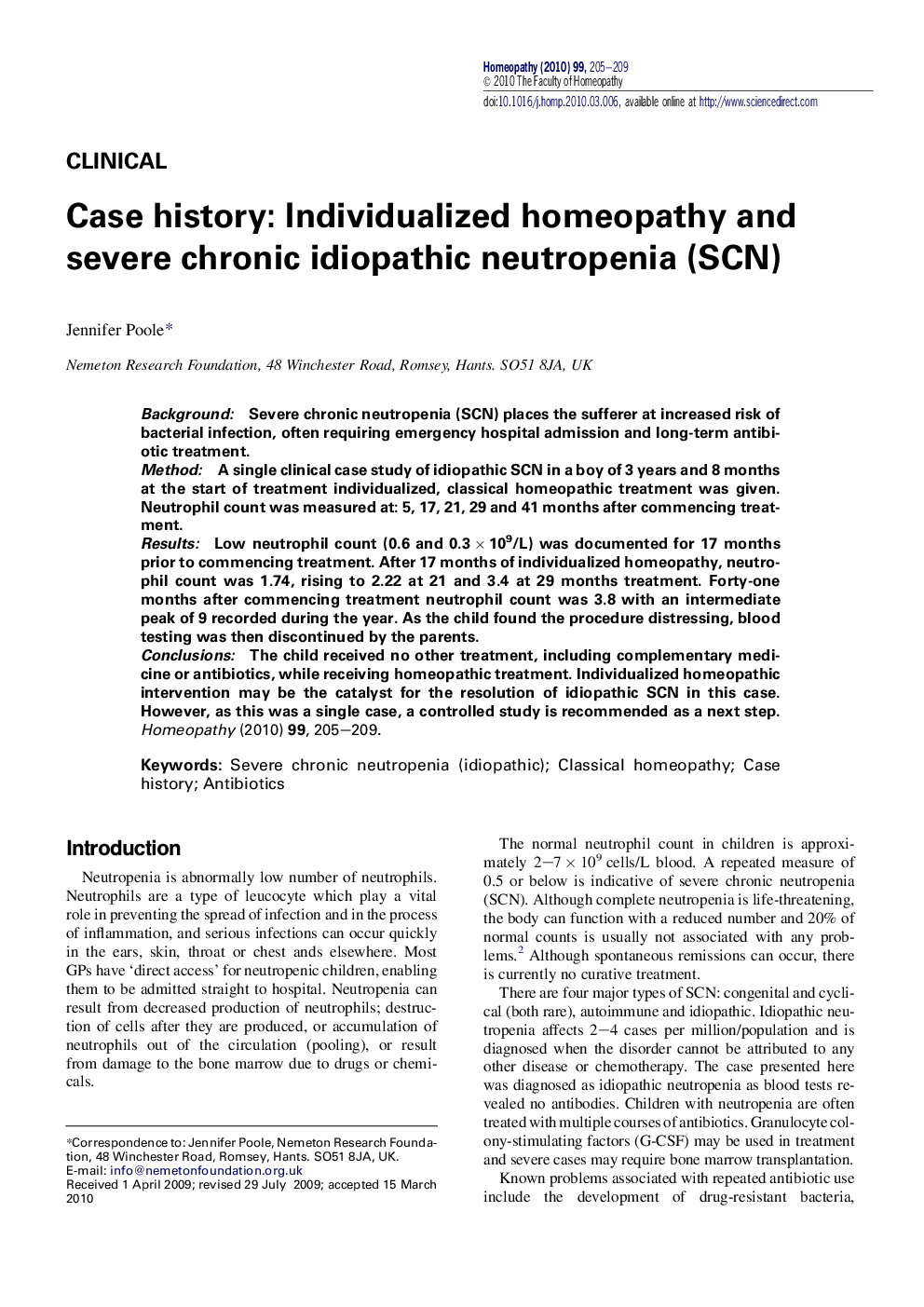 Case history: Individualized homeopathy and severe chronic idiopathic neutropenia (SCN)