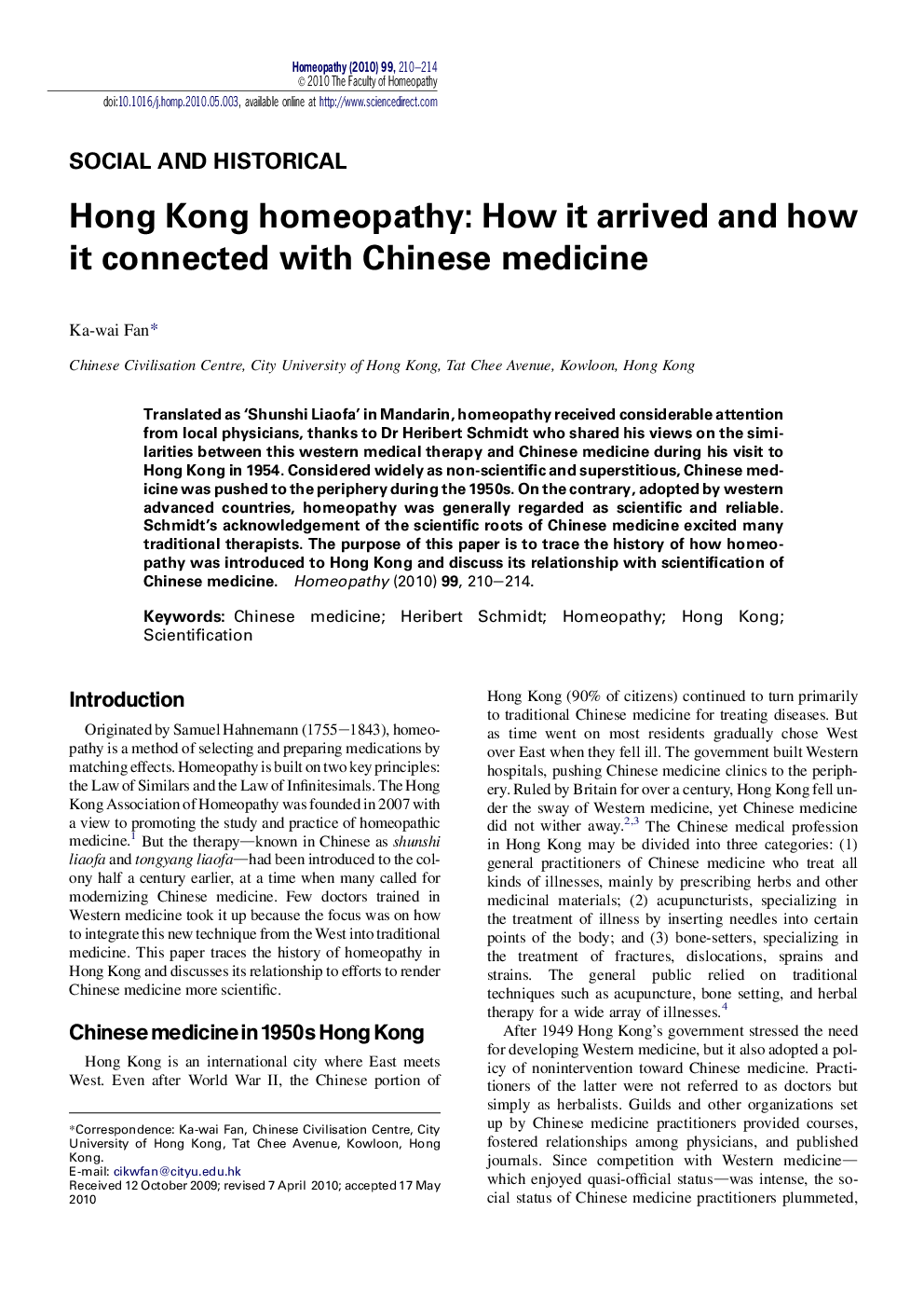 Hong Kong homeopathy: How it arrived and how it connected with Chinese medicine