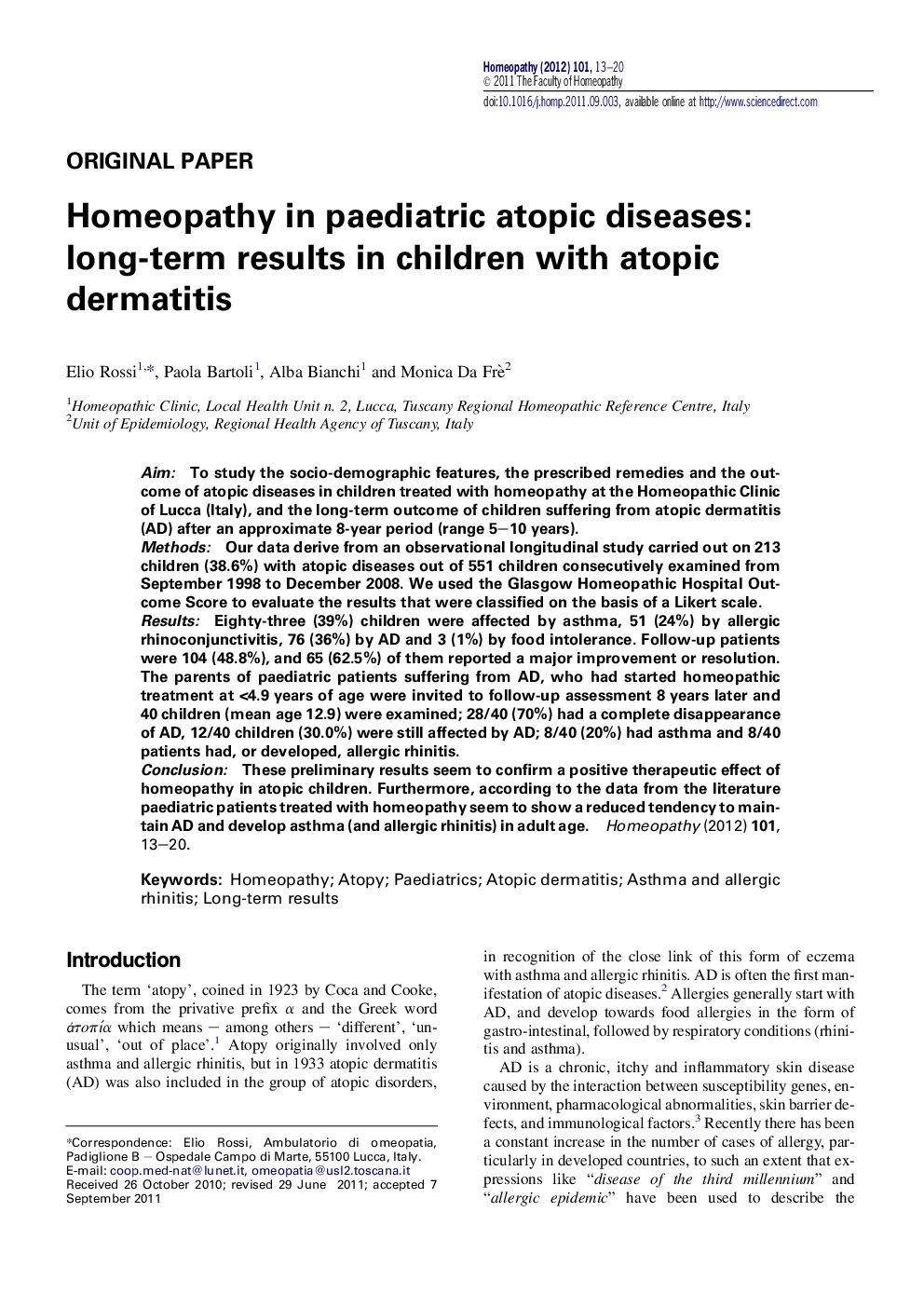 Homeopathy in paediatric atopic diseases: long-term results in children with atopic dermatitis