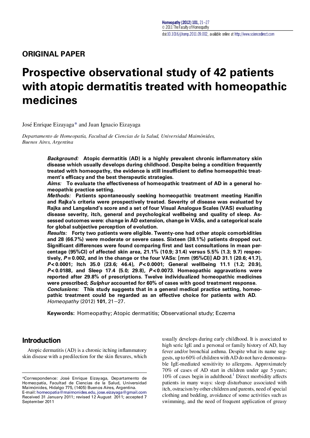 Prospective observational study of 42 patients with atopic dermatitis treated with homeopathic medicines