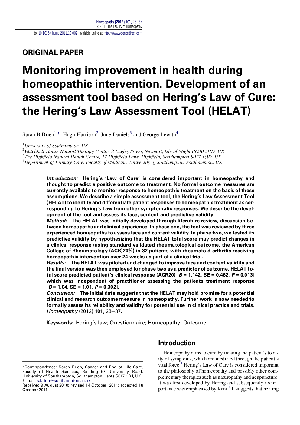 Monitoring improvement in health during homeopathic intervention. Development of an assessment tool based on Hering’s Law of Cure: the Hering’s Law Assessment Tool (HELAT)