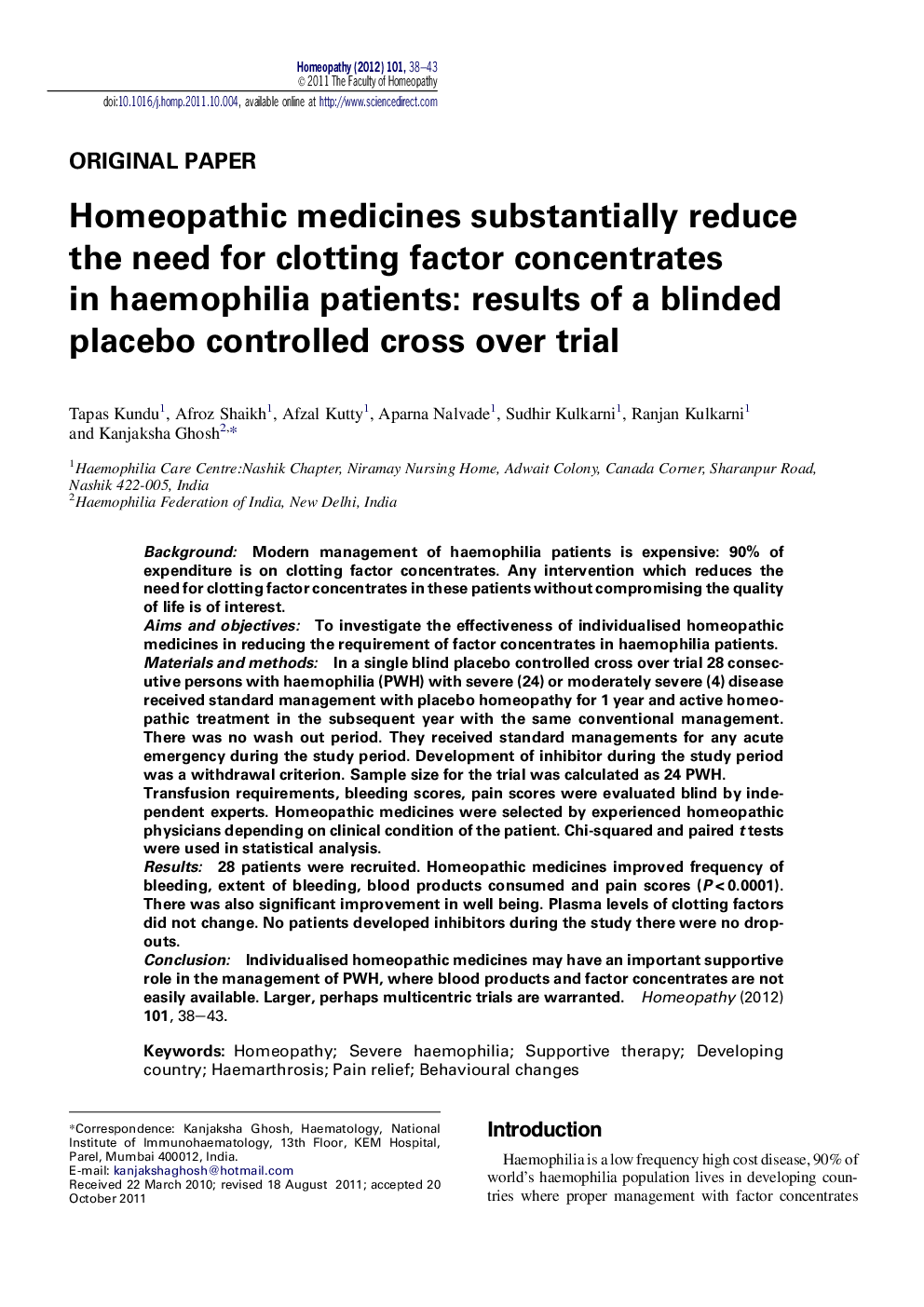 Homeopathic medicines substantially reduce the need for clotting factor concentrates in haemophilia patients: results of a blinded placebo controlled cross over trial