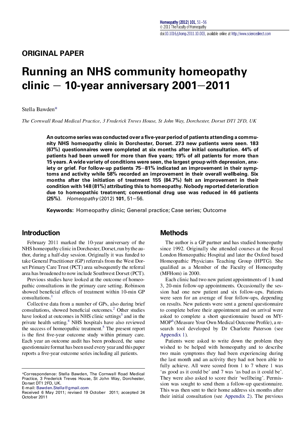 Running an NHS community homeopathy clinic – 10-year anniversary 2001–2011