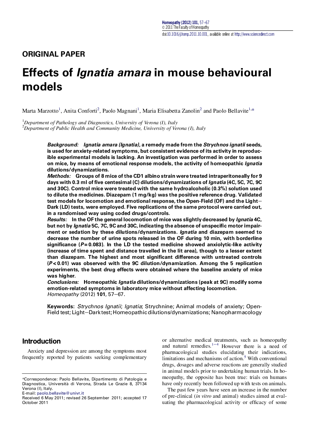 Effects of Ignatia amara in mouse behavioural models