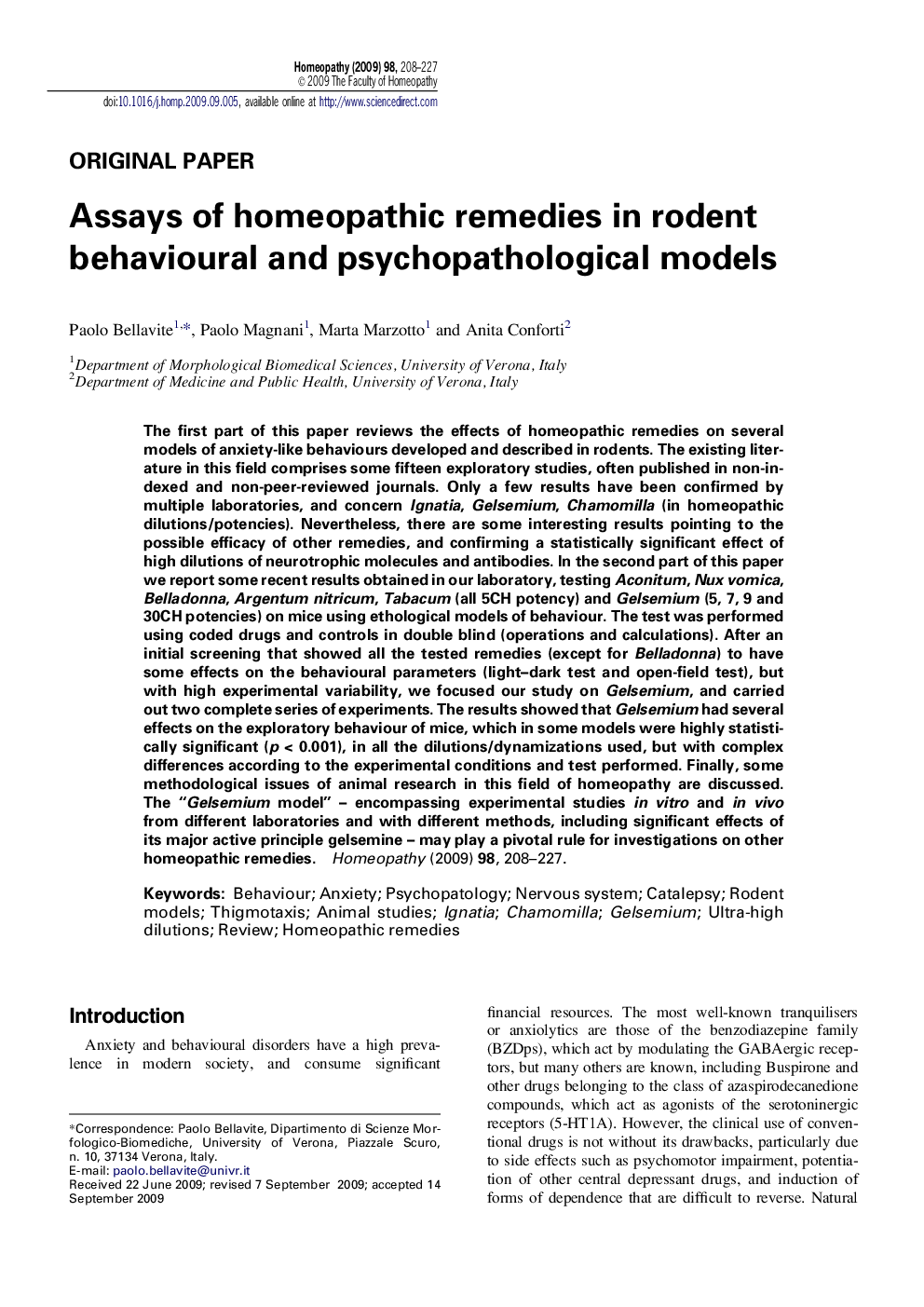 Assays of homeopathic remedies in rodent behavioural and psychopathological models