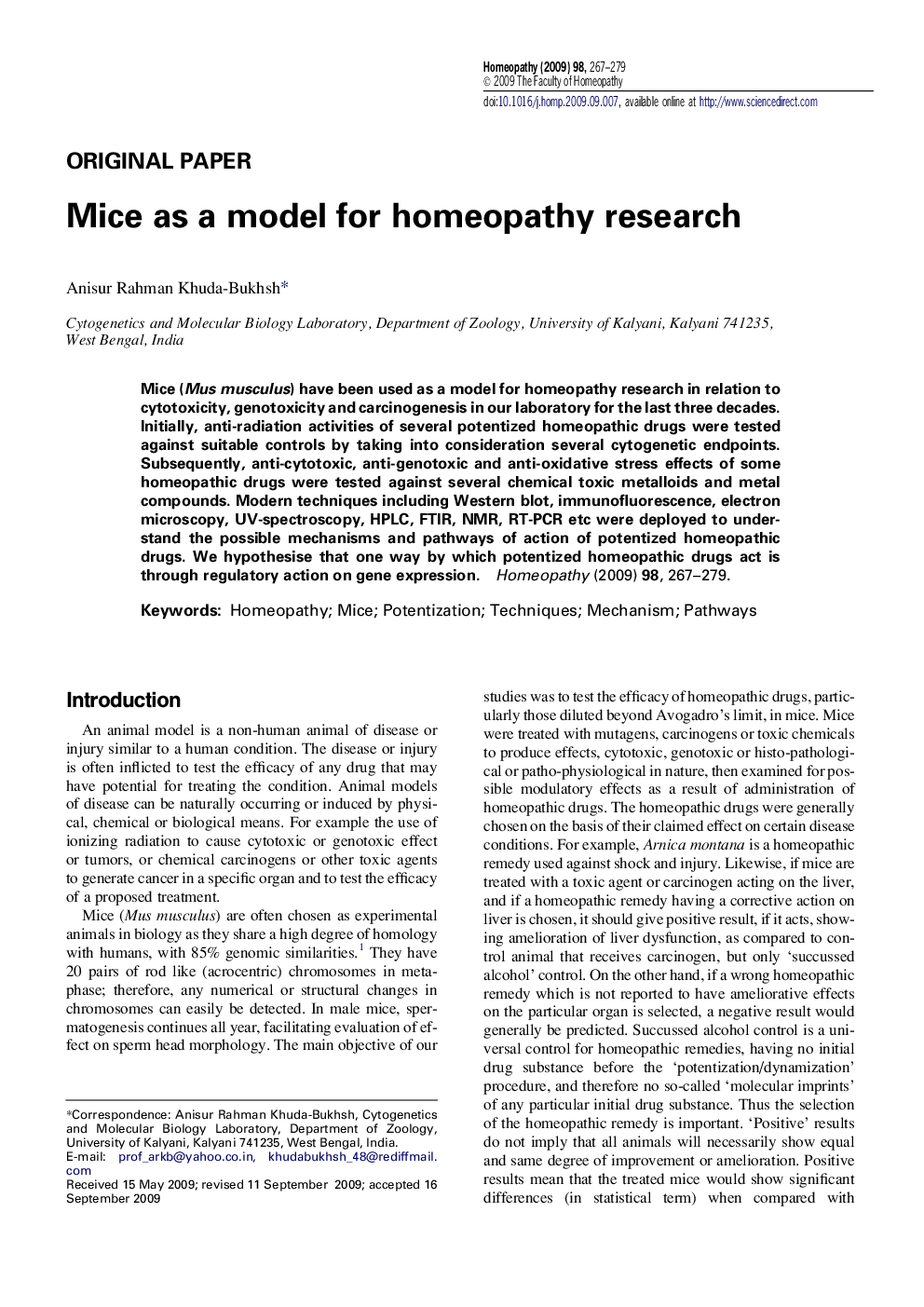 Mice as a model for homeopathy research