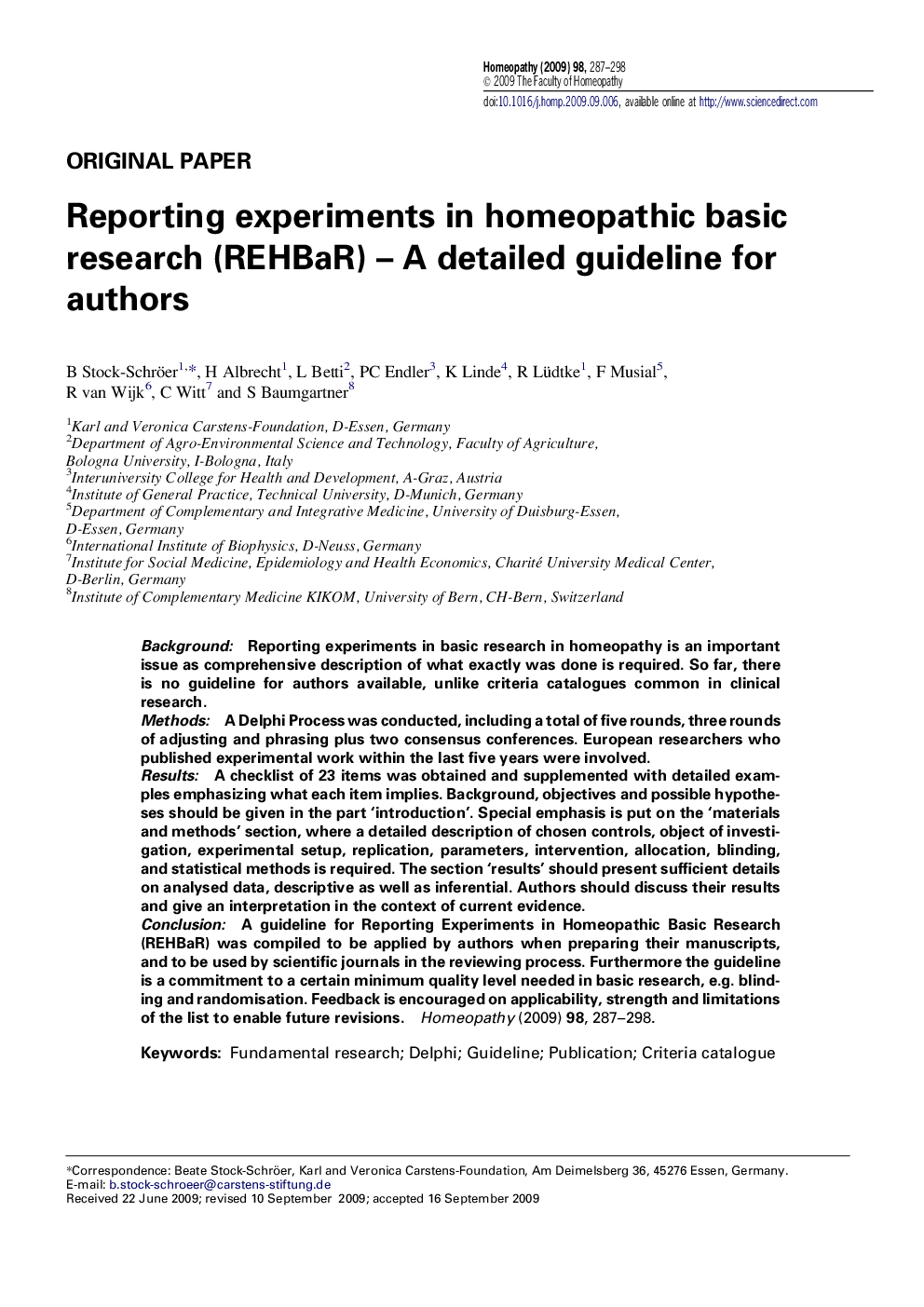 Reporting experiments in homeopathic basic research (REHBaR) – A detailed guideline for authors