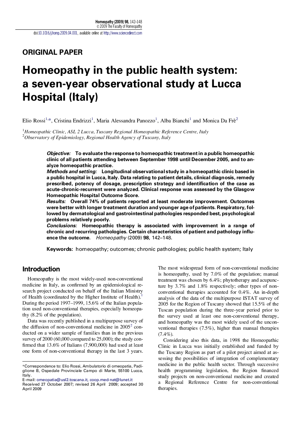 Homeopathy in the public health system: a seven-year observational study at Lucca Hospital (Italy)