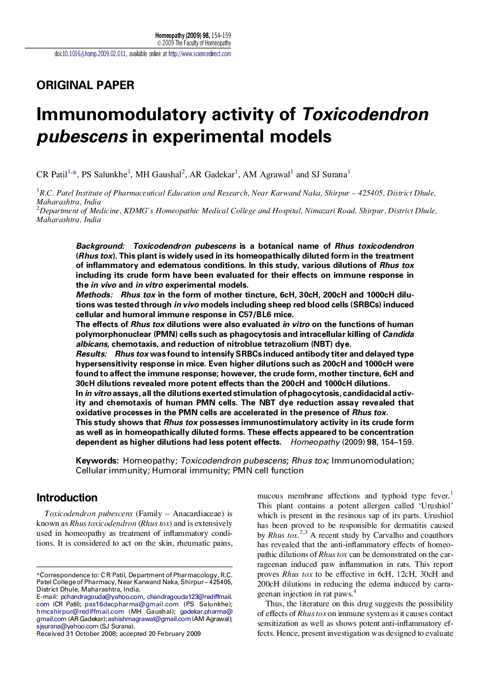 Immunomodulatory activity of Toxicodendron pubescens in experimental models