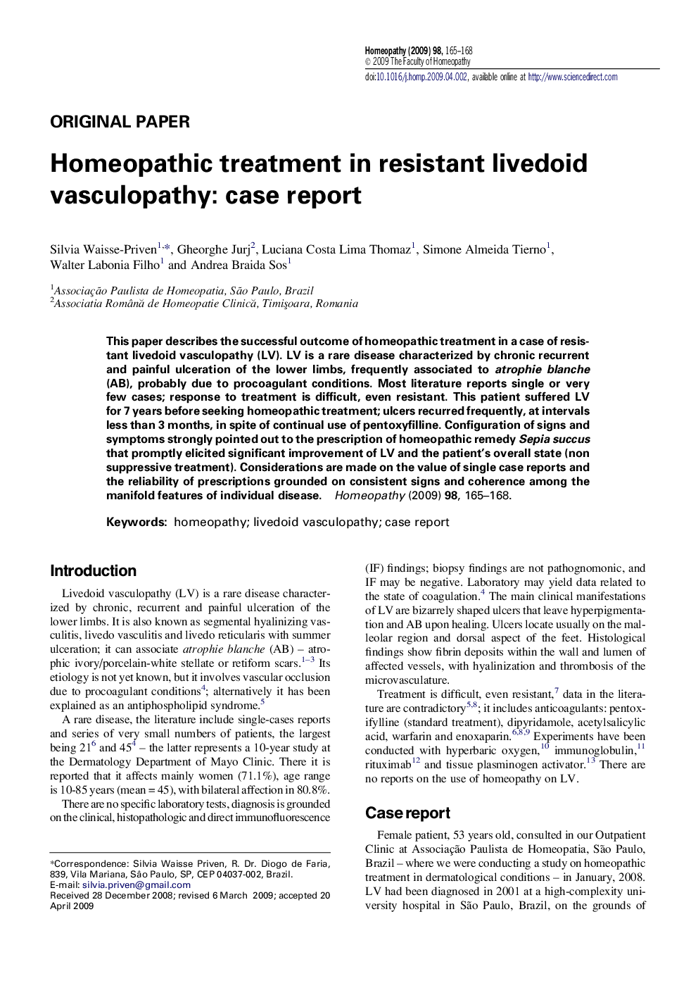 Homeopathic treatment in resistant livedoid vasculopathy: case report