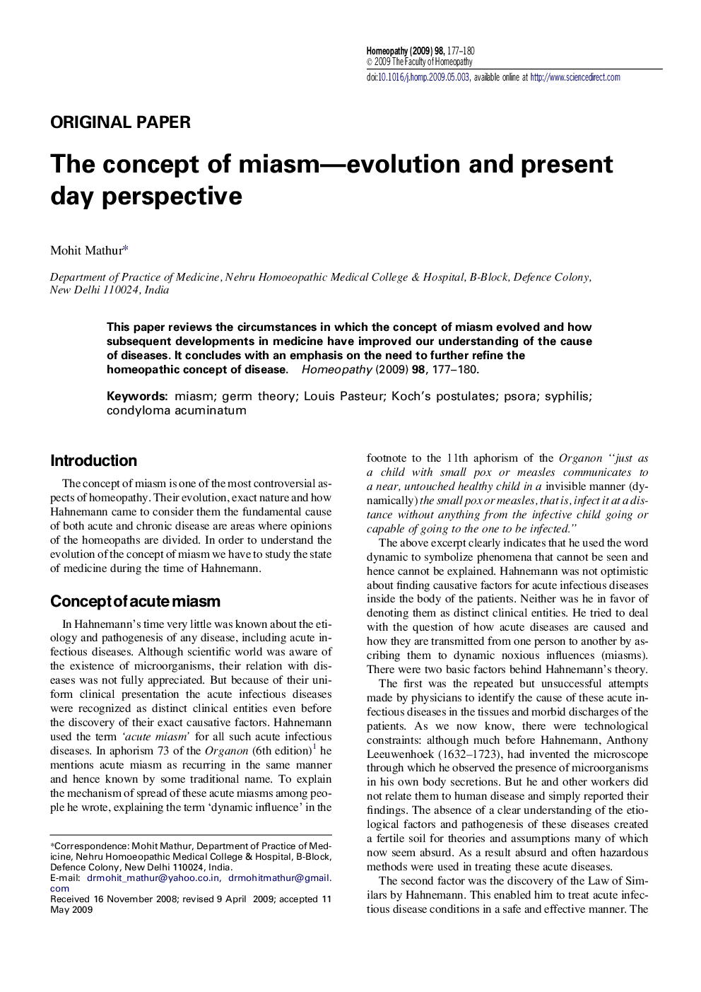 The concept of miasm—evolution and present day perspective