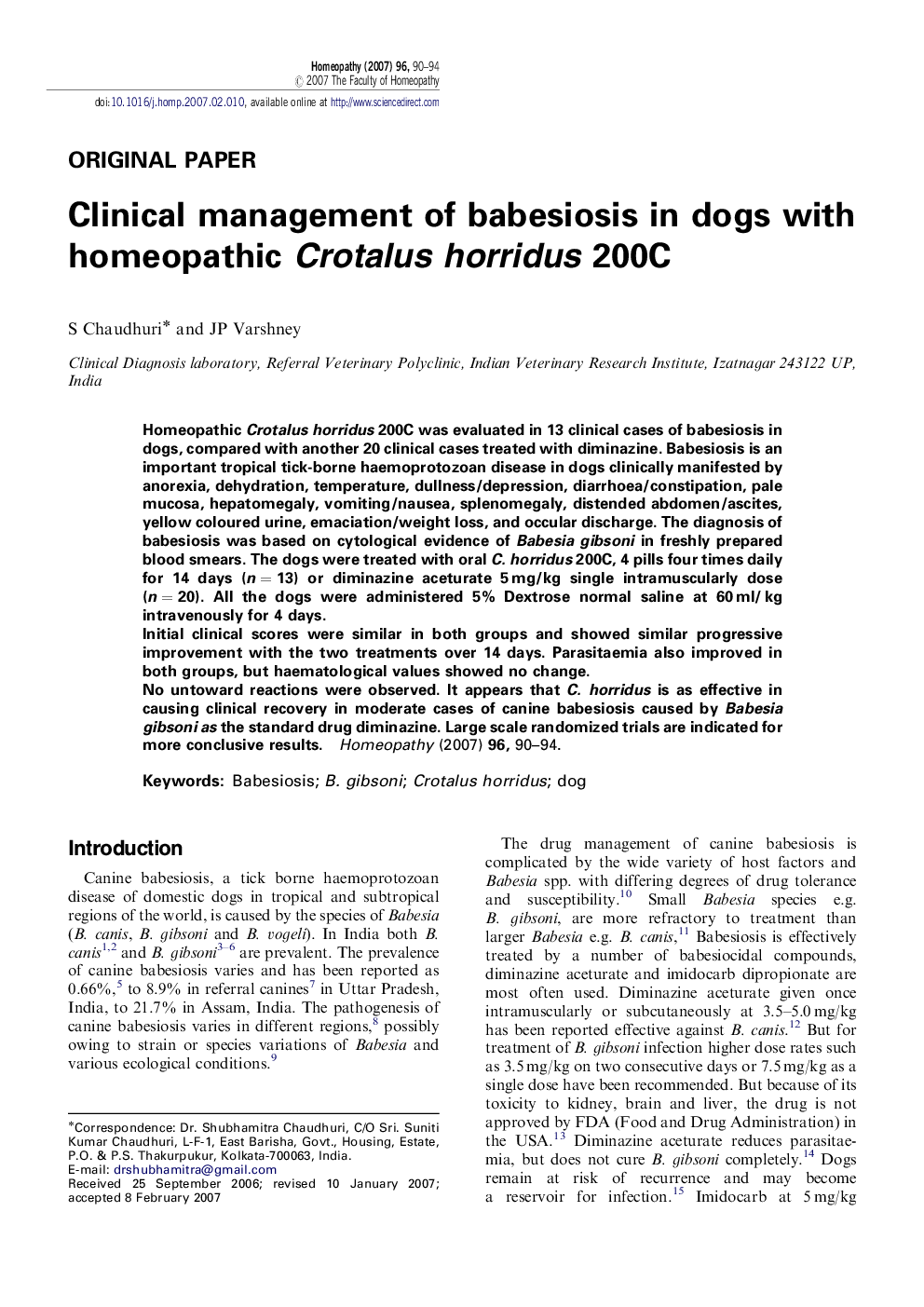 Clinical management of babesiosis in dogs with homeopathic Crotalus horridus 200C