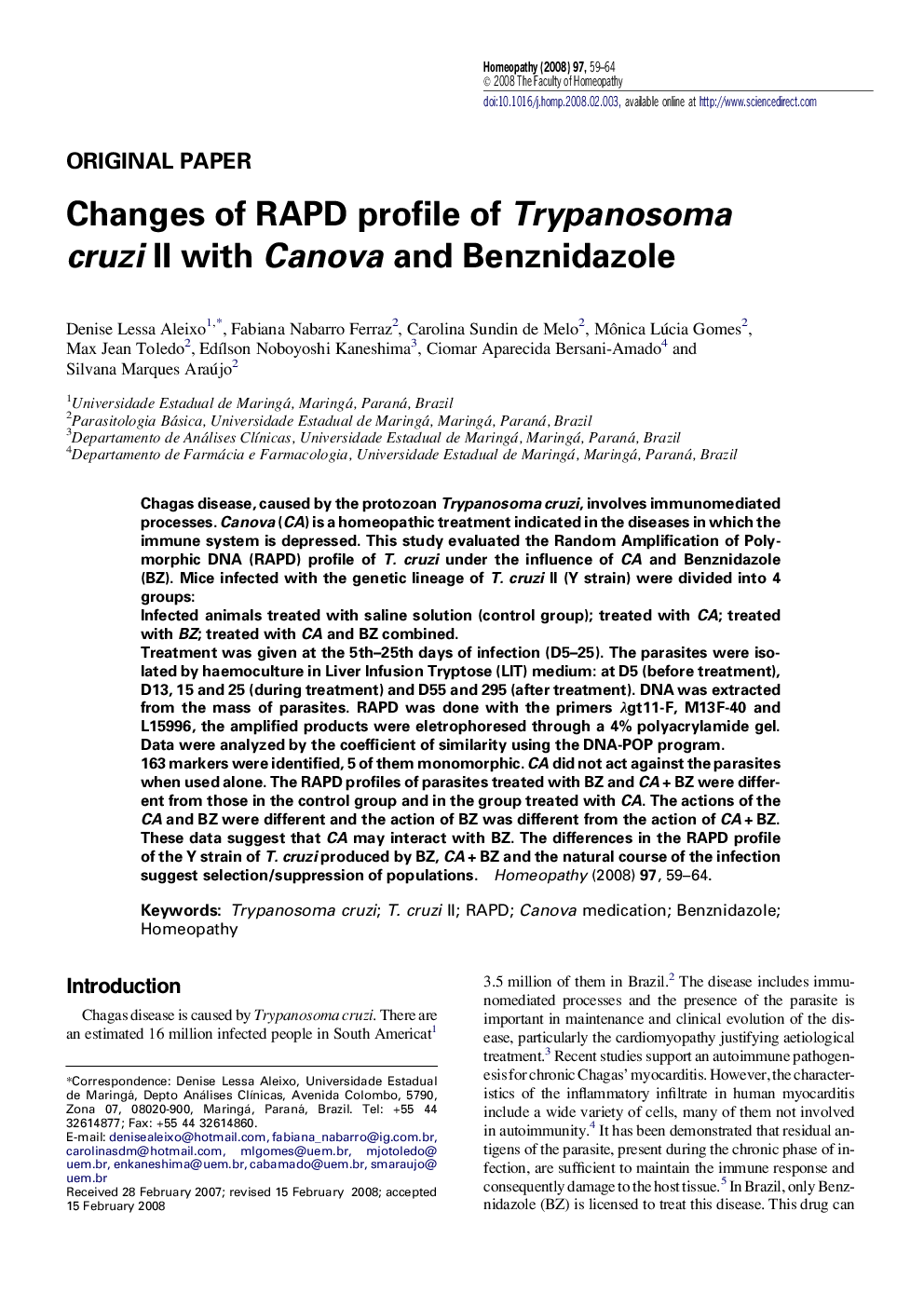 Changes of RAPD profile of Trypanosoma cruzi II with Canova and Benznidazole