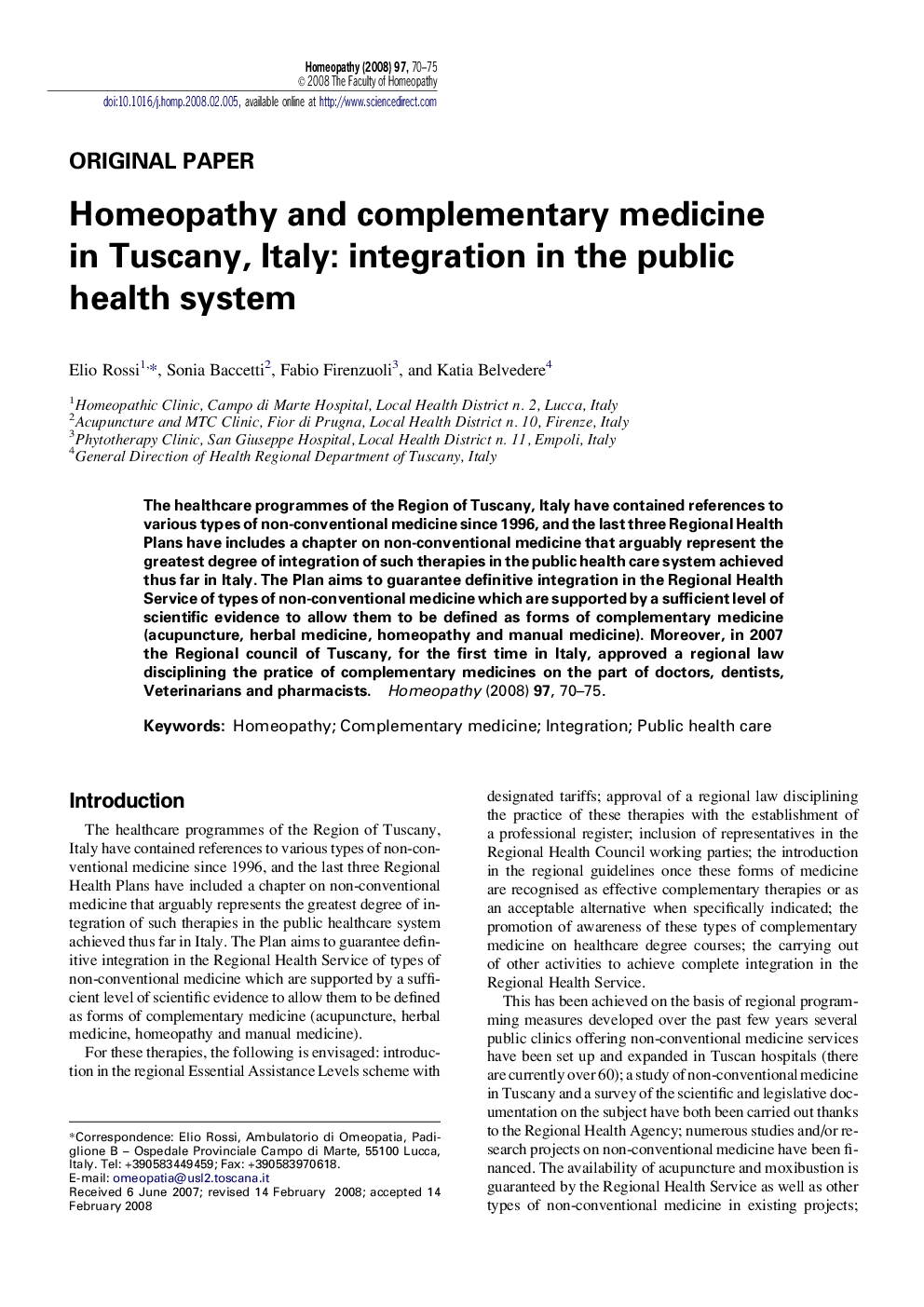 Homeopathy and complementary medicine in Tuscany, Italy: integration in the public health system